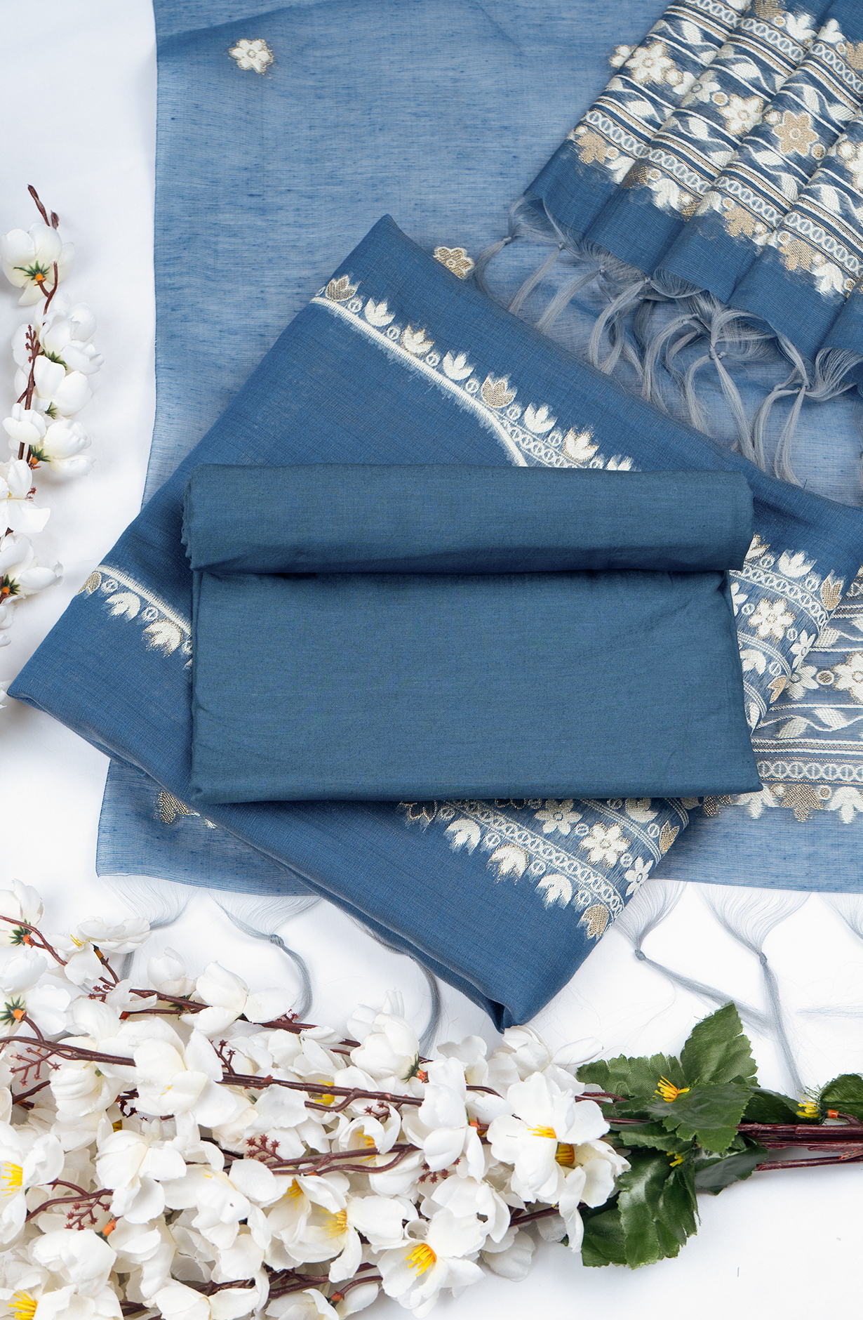 Blue Jamdani Suit Set with Dupatta - 220-2349-1D