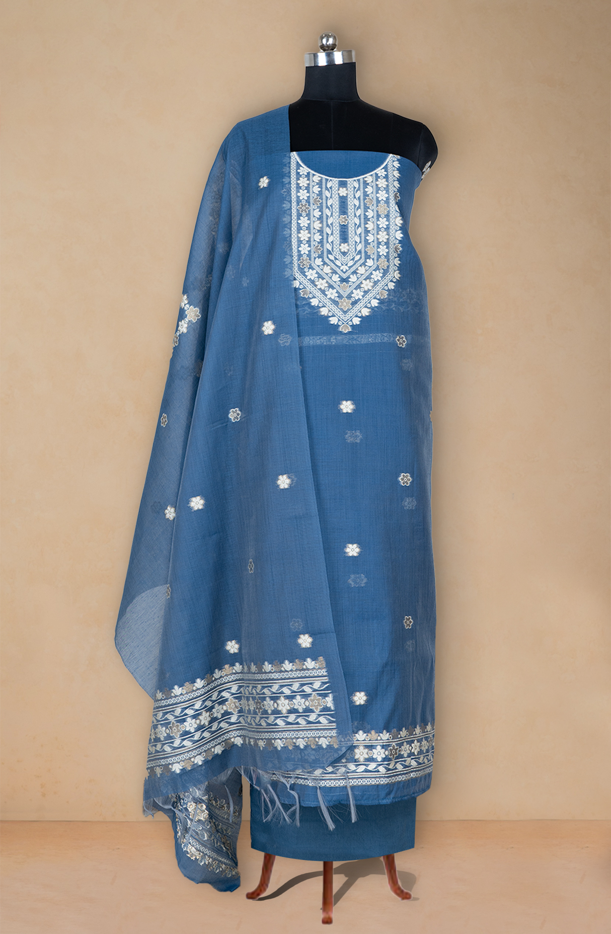 Blue Jamdani Suit Set with Dupatta - 220-2349-1D