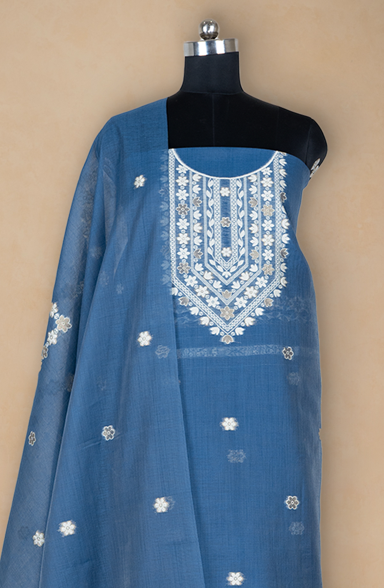 Blue Jamdani Suit Set with Dupatta - 220-2349-1D