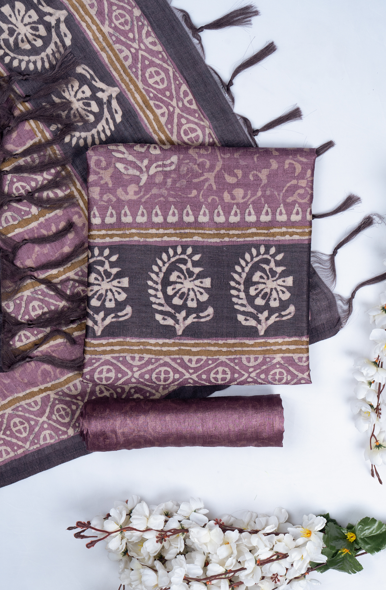 Purple Printed Art Tussar Suit Set with Dupatta - 220-5384