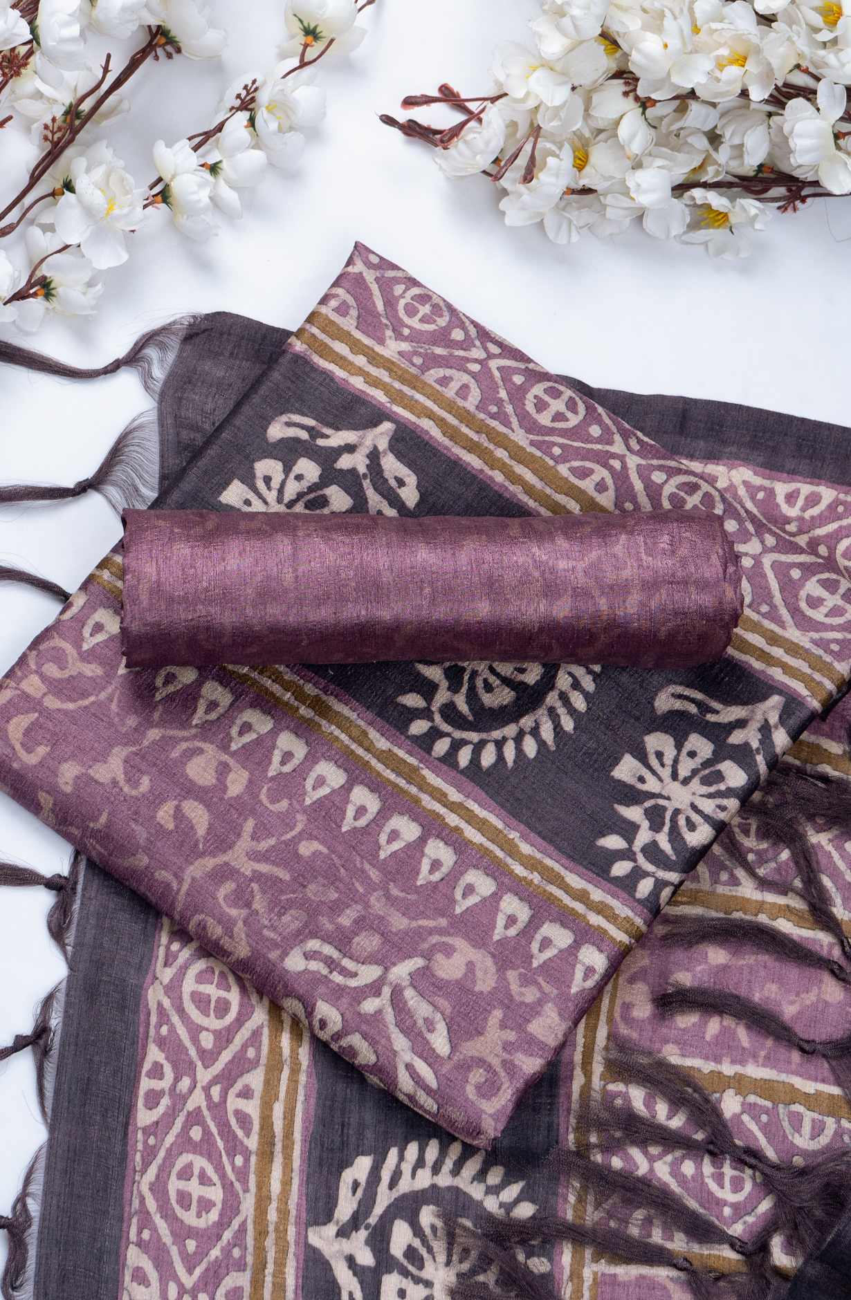 Purple Printed Art Tussar Suit Set with Dupatta - 220-5384