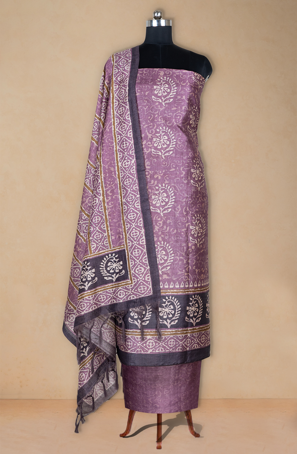 Purple Printed Art Tussar Suit Set with Dupatta - 220-5384