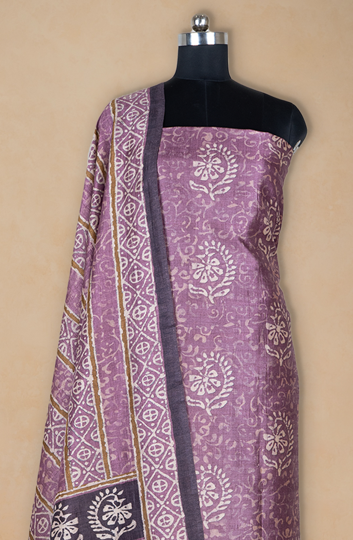 Purple Printed Art Tussar Suit Set with Dupatta - 220-5384