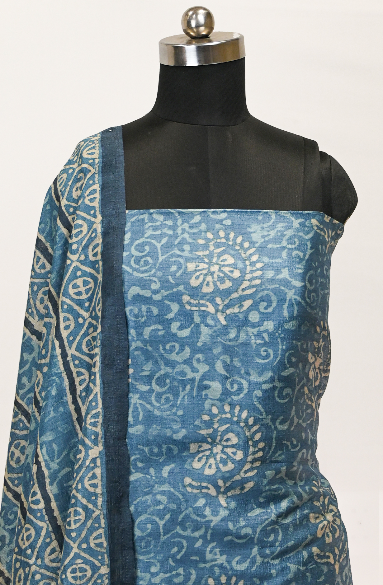 Blue Art Tussar Suit Set with Dupatta - 220-5384B