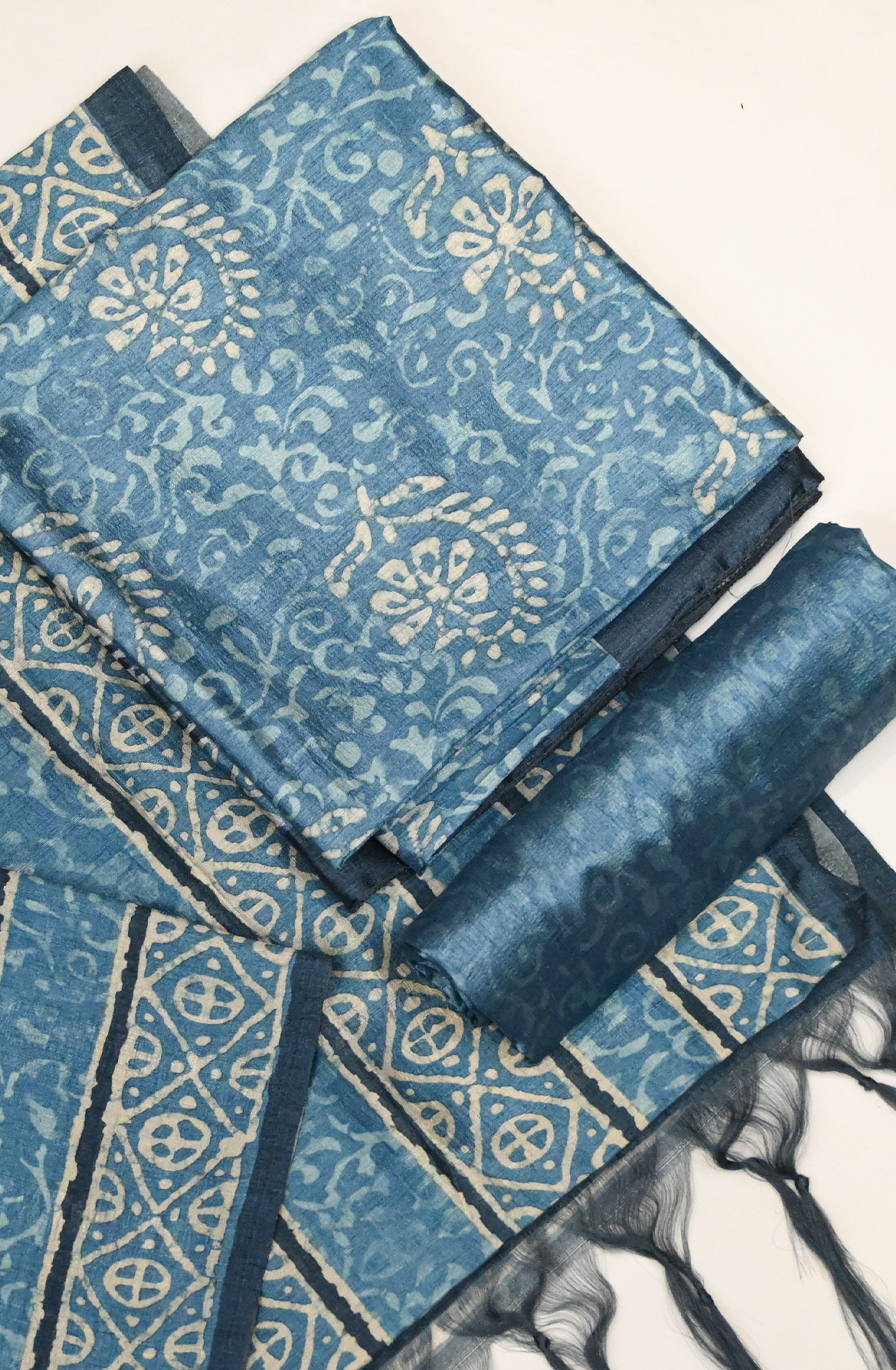 Blue Art Tussar Suit Set with Dupatta - 220-5384B