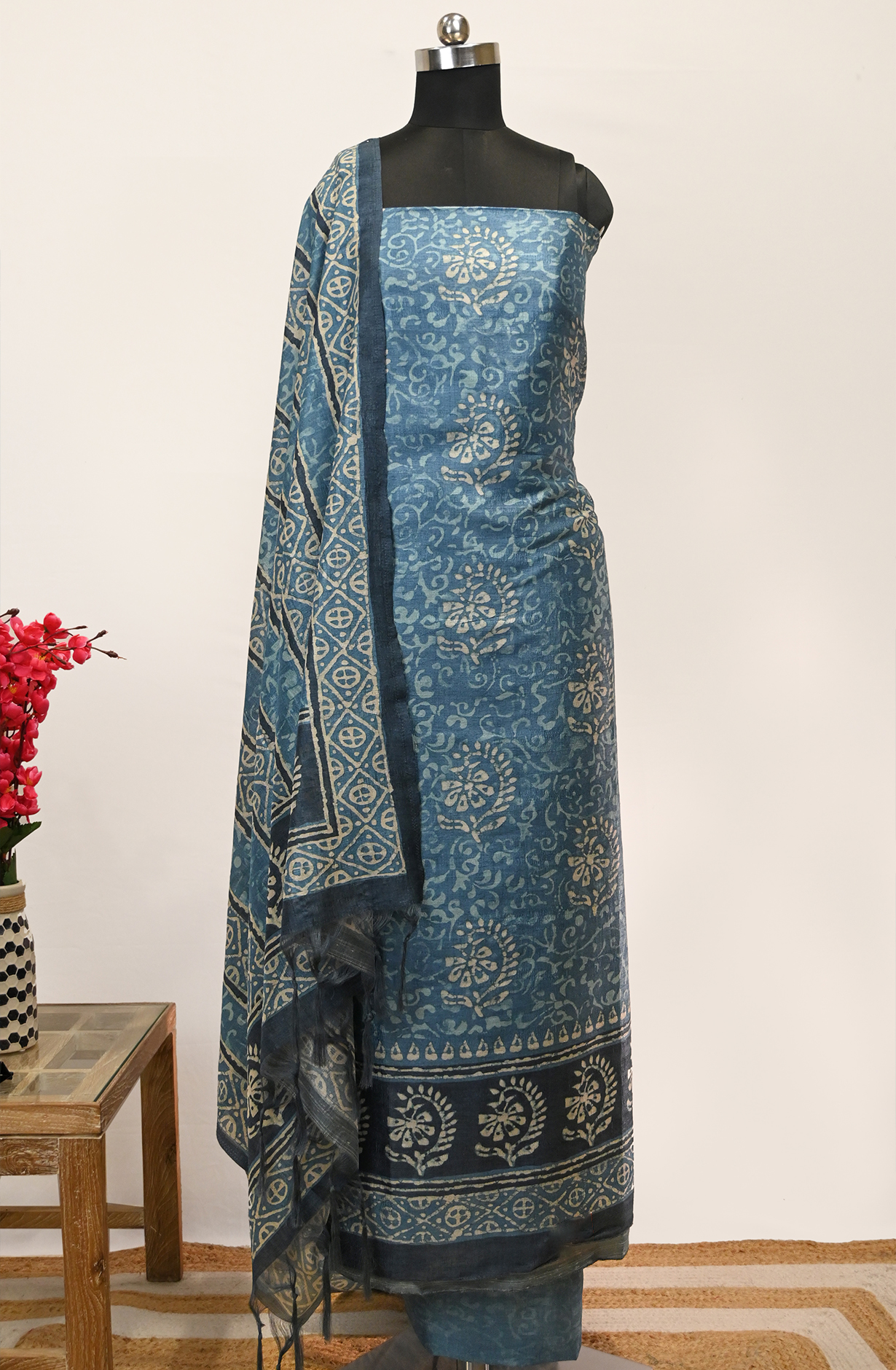 Blue Art Tussar Suit Set with Dupatta - 220-5384B