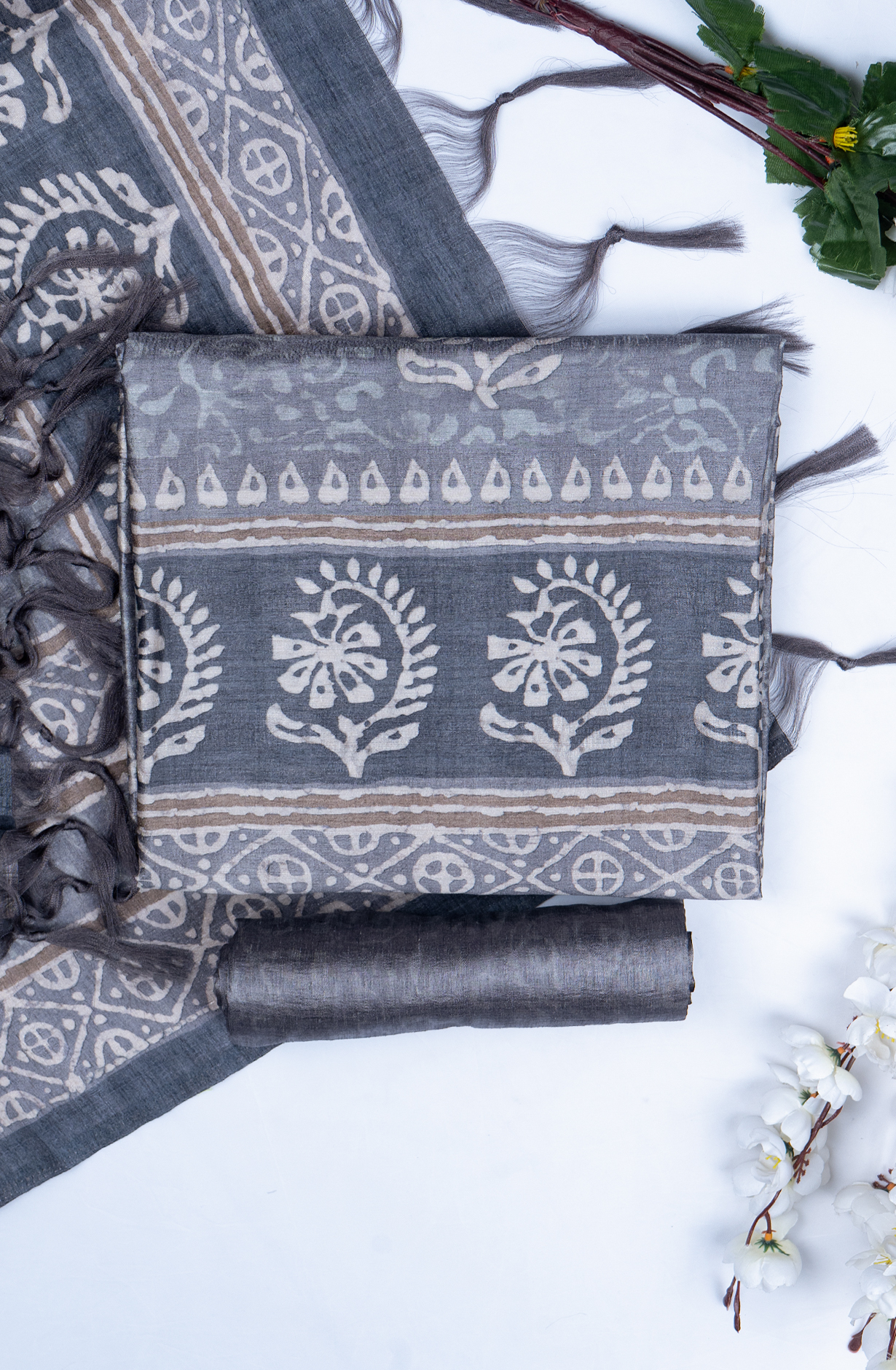 Grey Printed Art Tussar Suit Set with Dupatta - 220-5384C