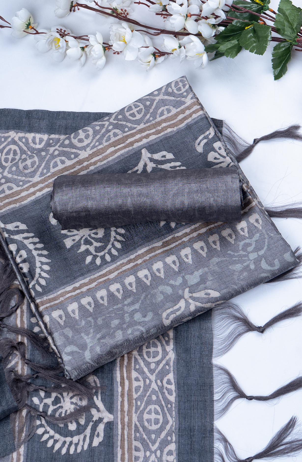 Grey Printed Art Tussar Suit Set with Dupatta - 220-5384C
