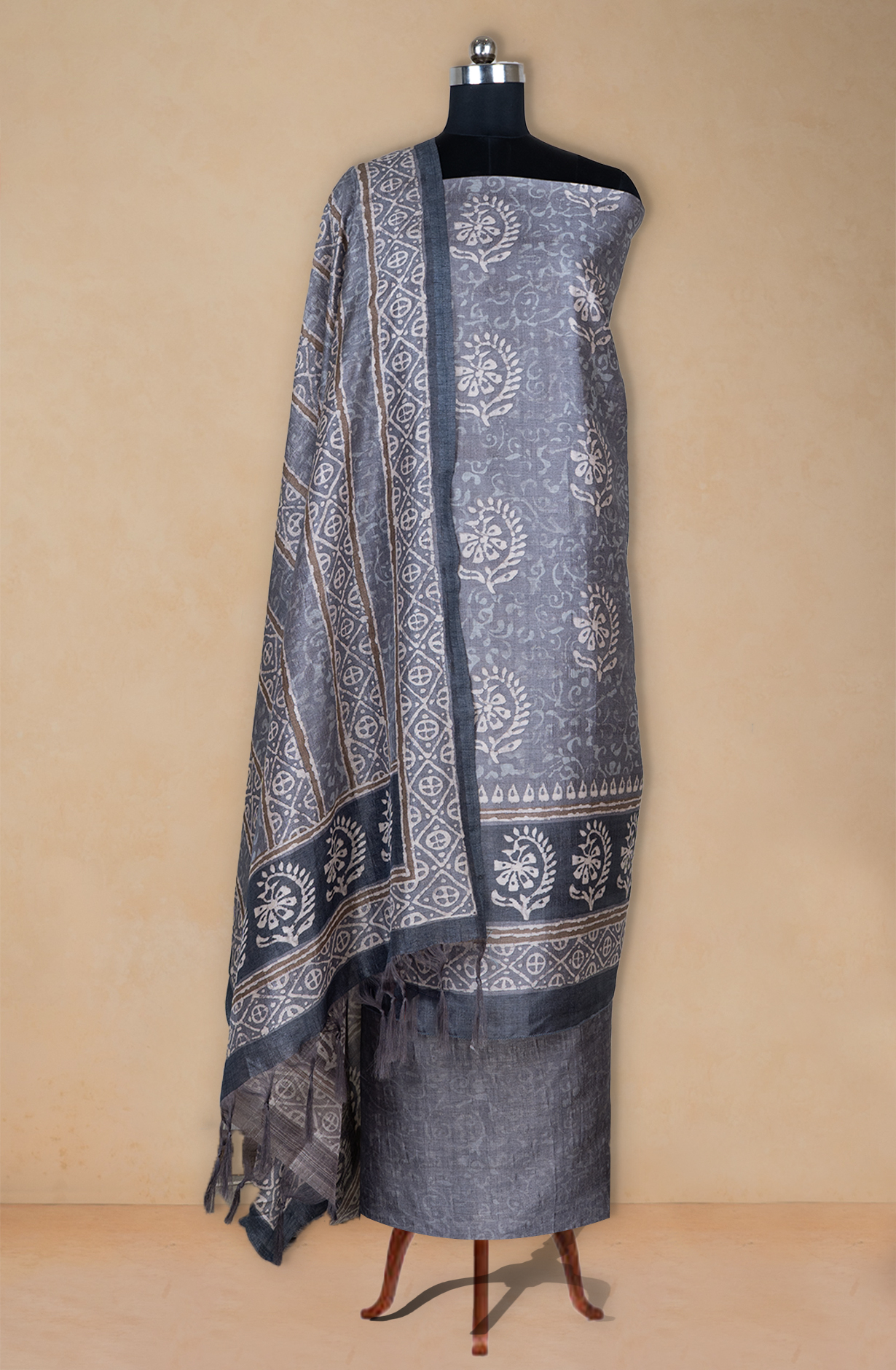 Grey Printed Art Tussar Suit Set with Dupatta - 220-5384C
