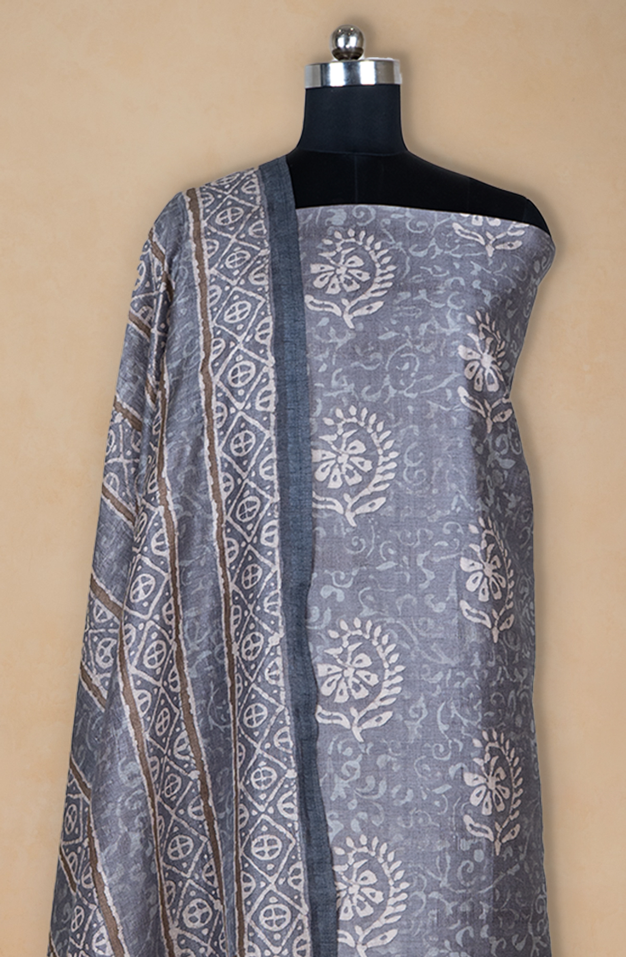 Grey Printed Art Tussar Suit Set with Dupatta - 220-5384C