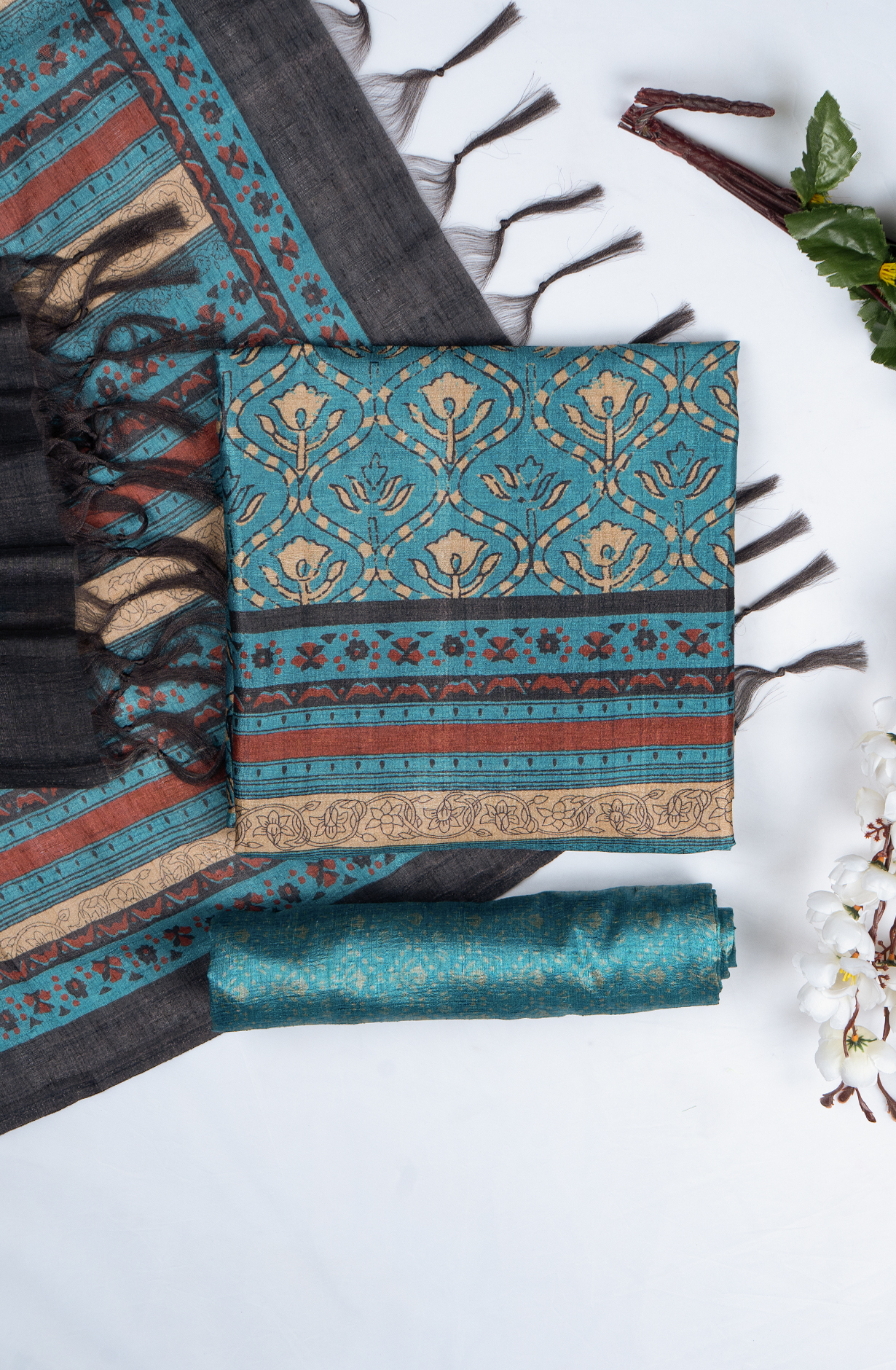 Blue Printed Art Tussar Suit with Dupatta - 220-5390B