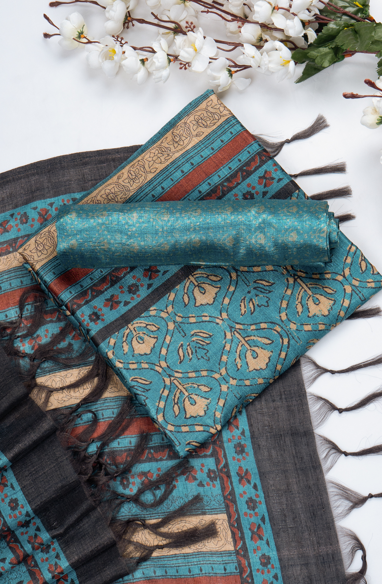 Blue Printed Art Tussar Suit with Dupatta - 220-5390B