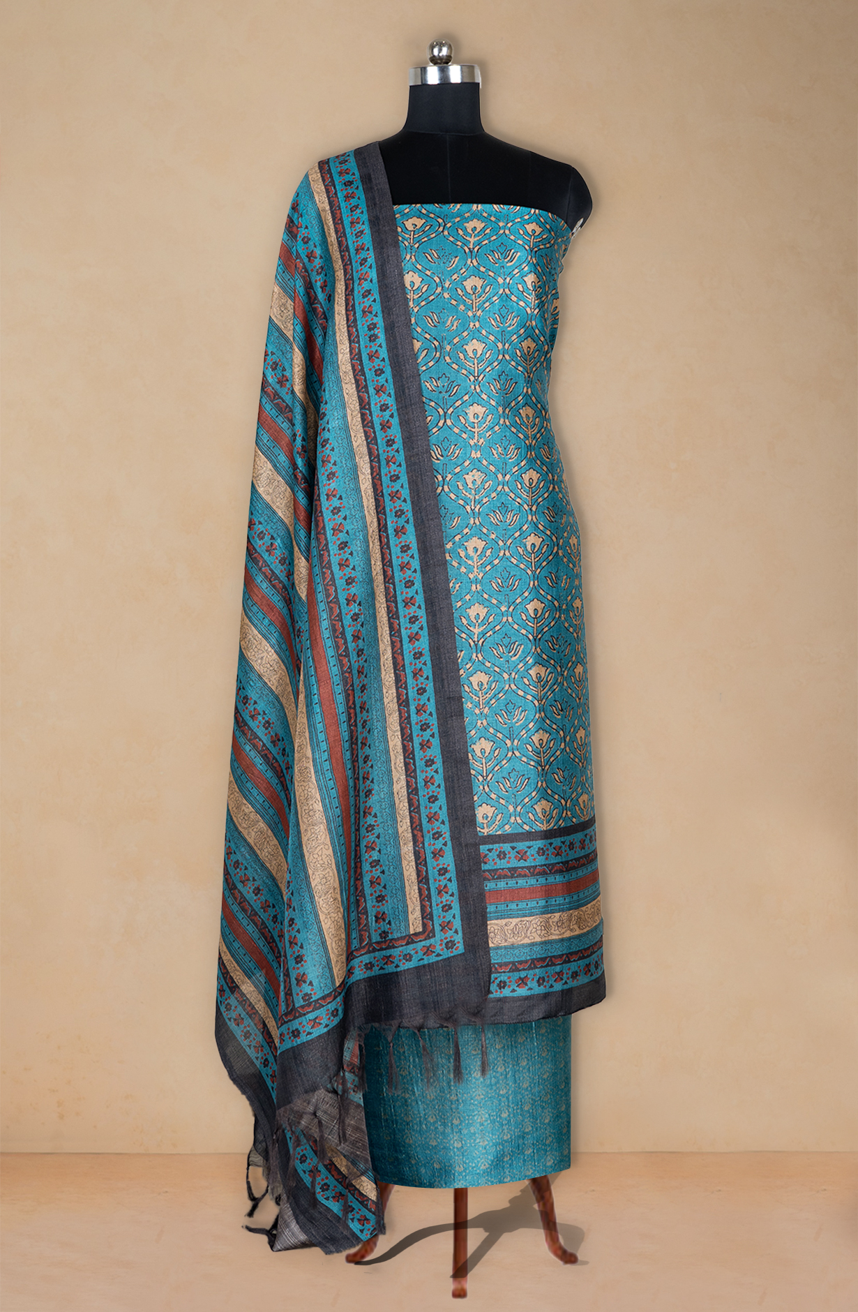 Blue Printed Art Tussar Suit with Dupatta - 220-5390B