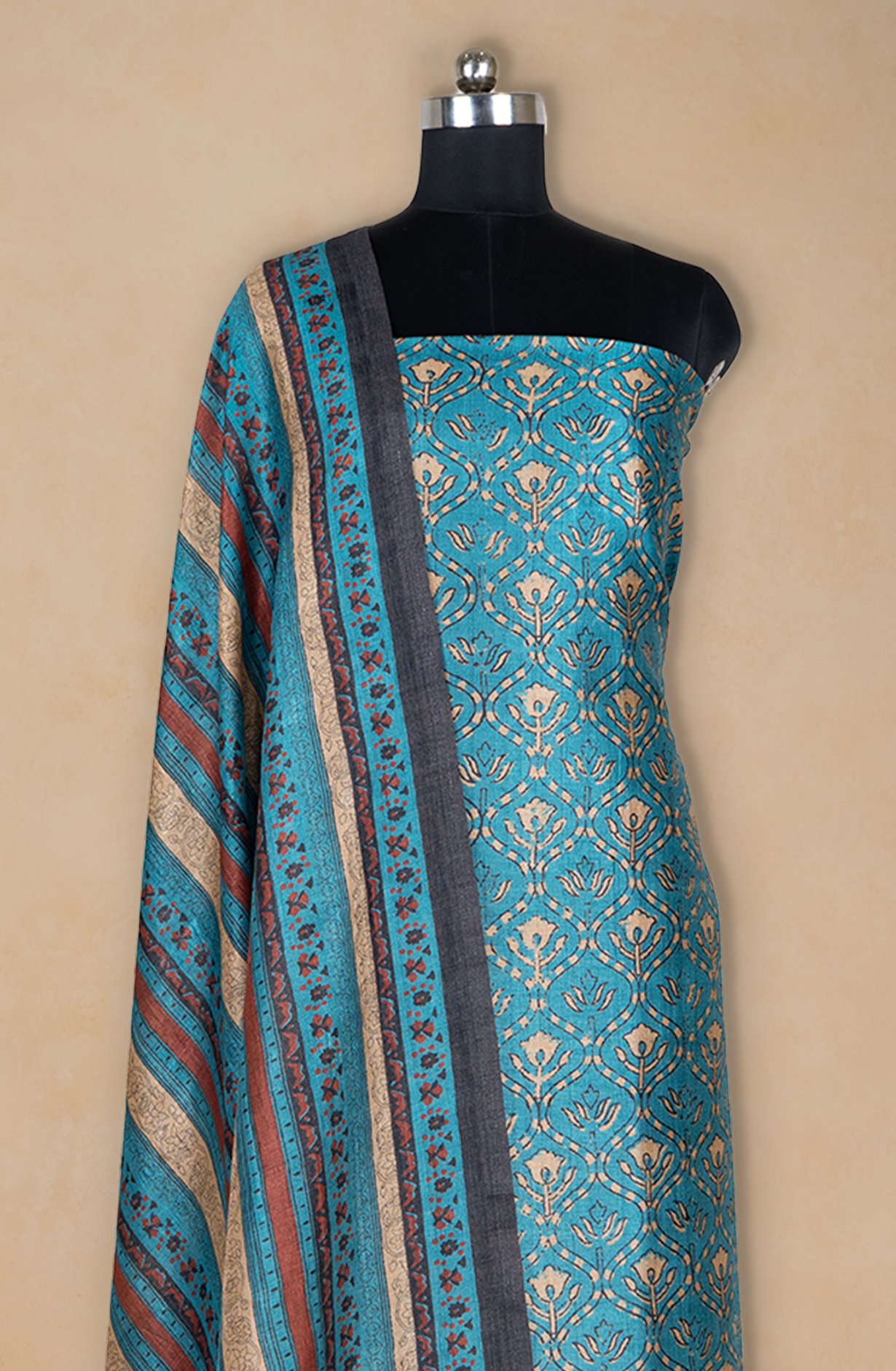Blue Printed Art Tussar Suit with Dupatta - 220-5390B