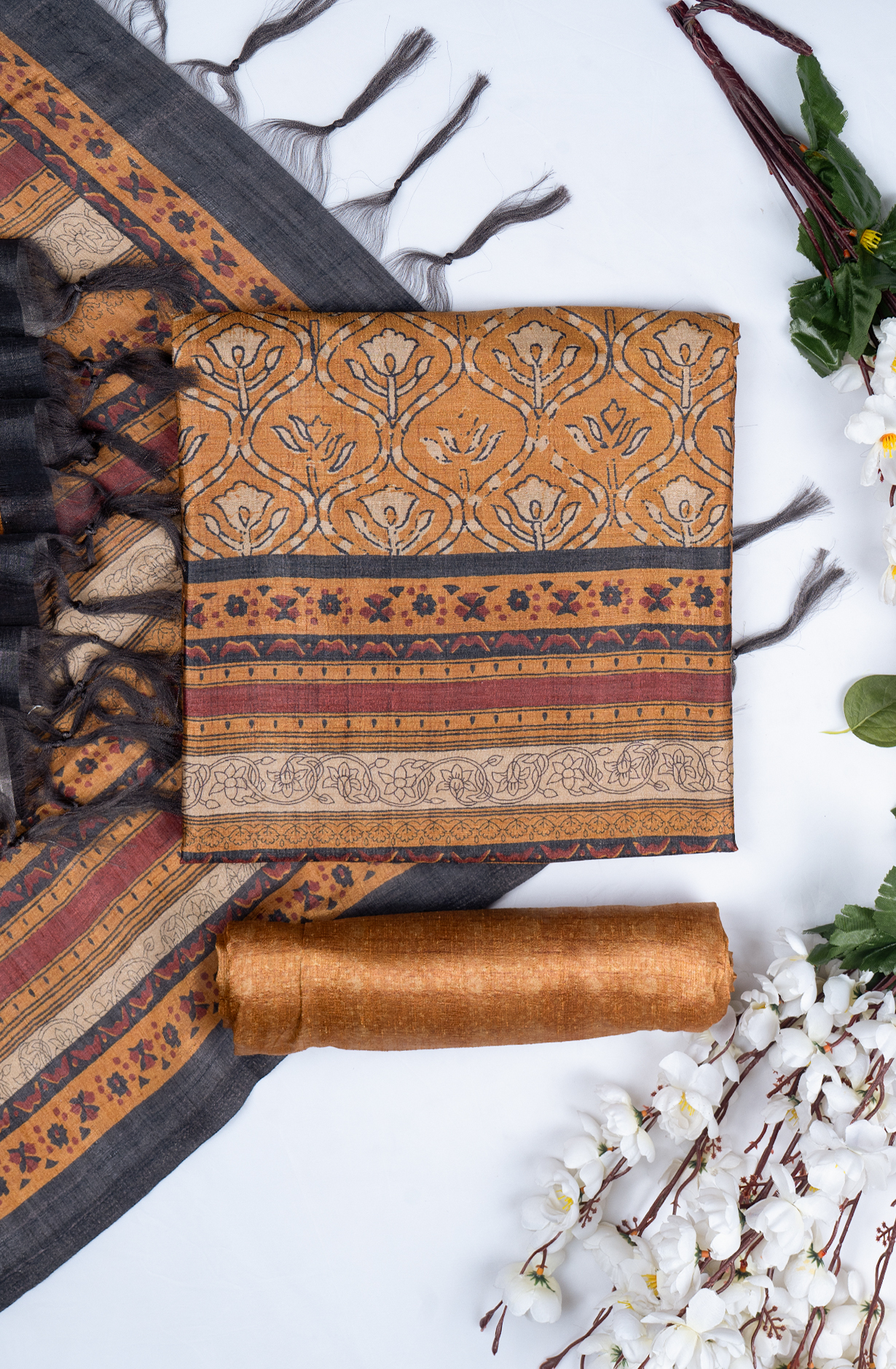 Mustard Printed Art Tussar Suit with Dupatta - 220-5390C