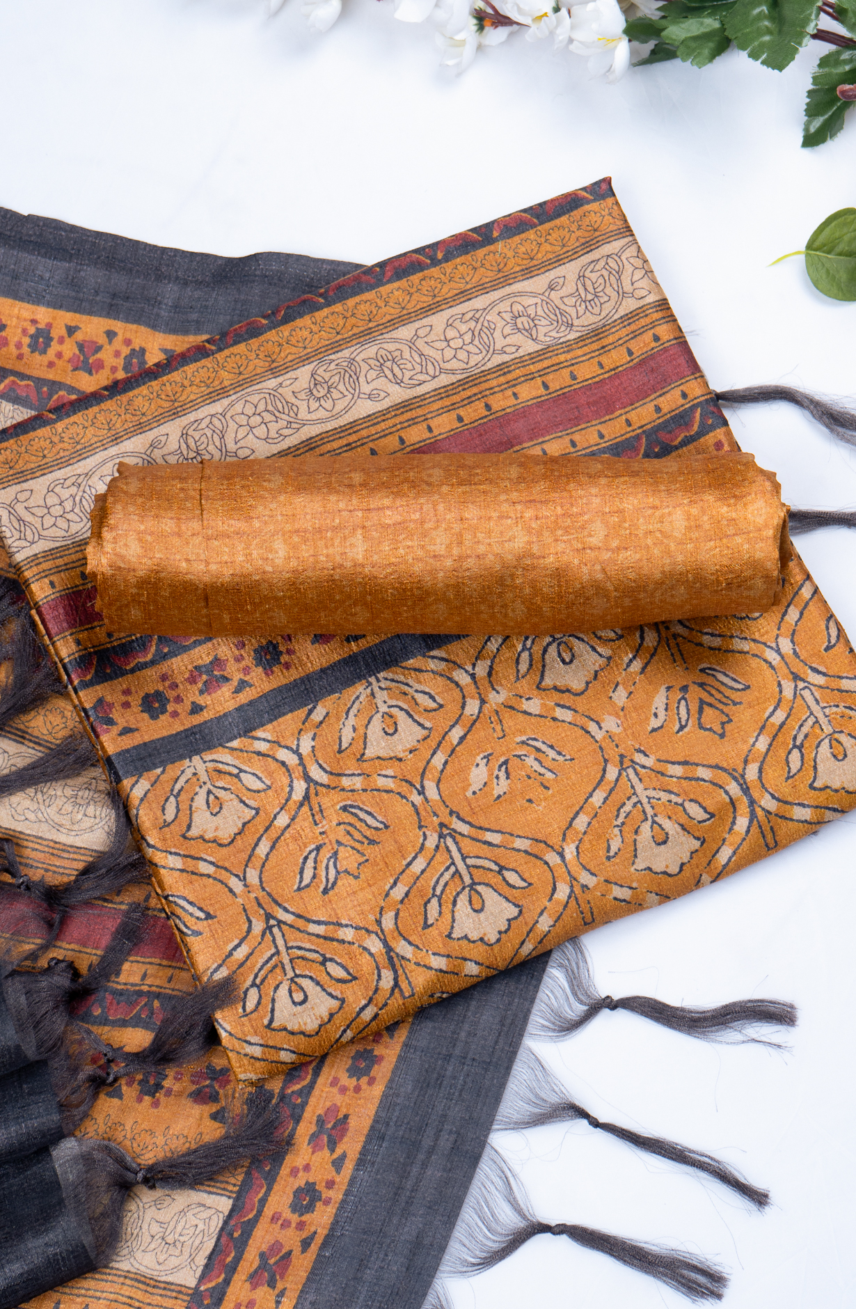 Mustard Printed Art Tussar Suit with Dupatta - 220-5390C