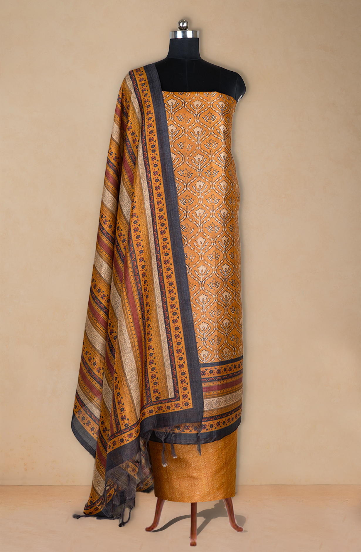 Mustard Printed Art Tussar Suit with Dupatta - 220-5390C