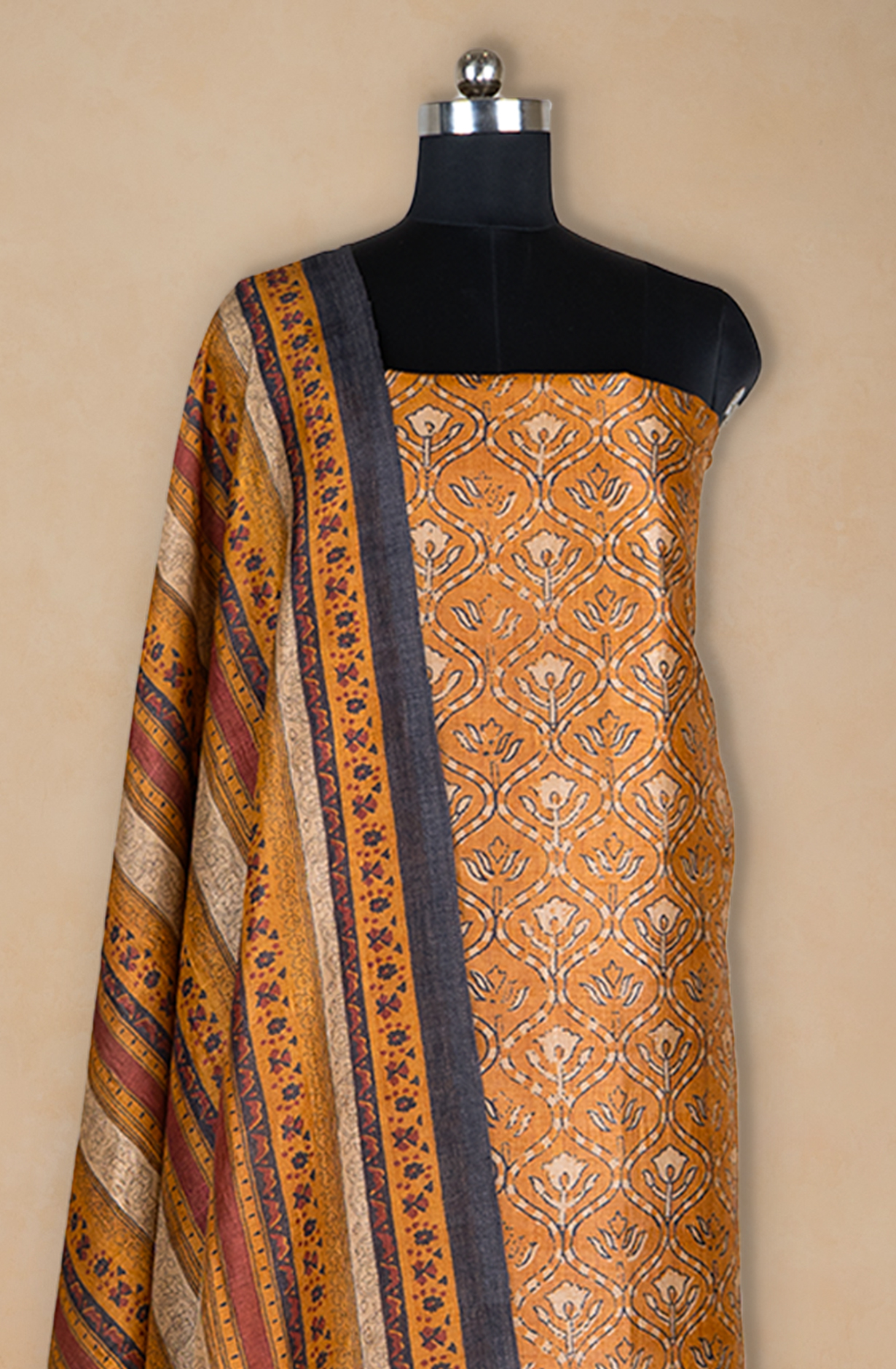 Mustard Printed Art Tussar Suit with Dupatta - 220-5390C