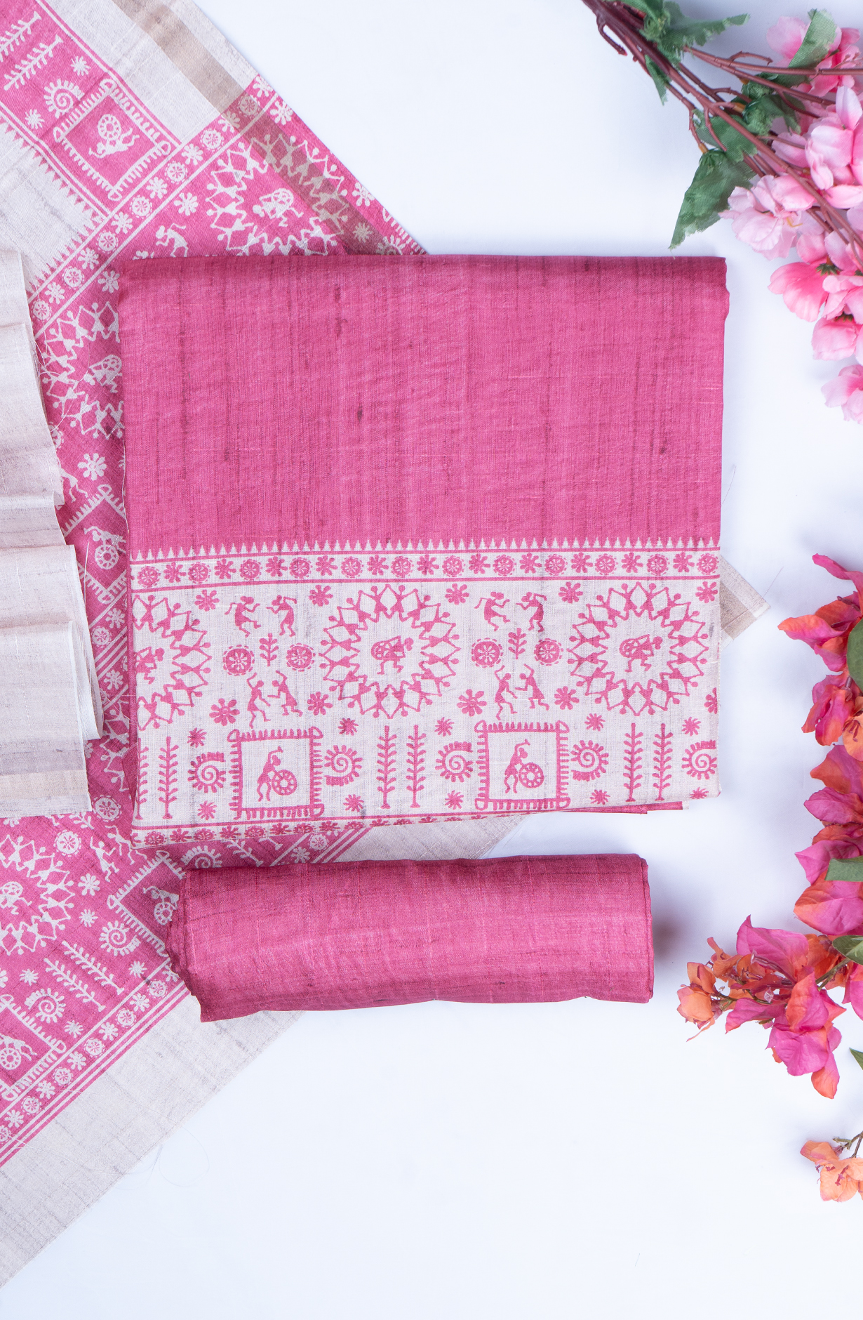 Pink Printed Art Tussar Unstitch Suit Set with Dupatta - 220-9179