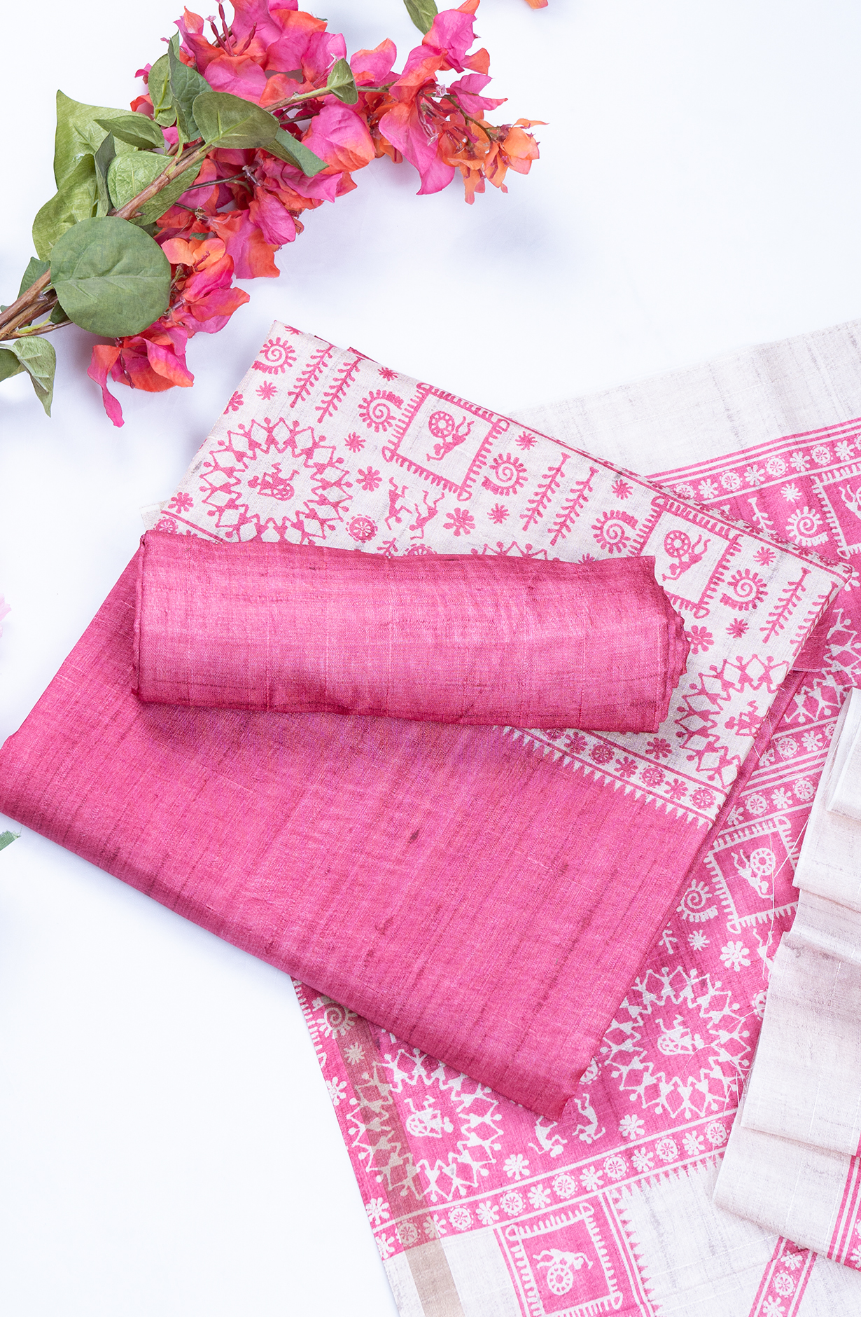 Pink Printed Art Tussar Unstitch Suit Set with Dupatta - 220-9179