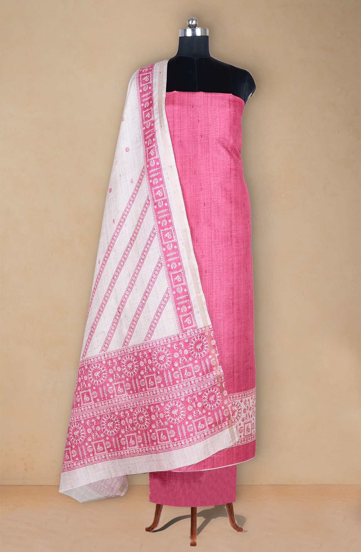 Pink Printed Art Tussar Unstitch Suit Set with Dupatta - 220-9179