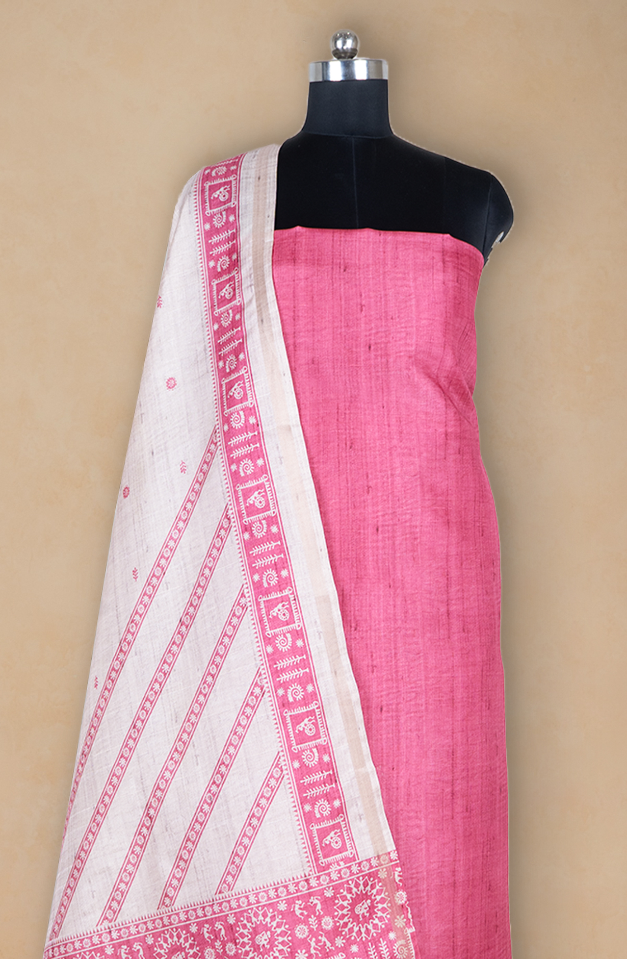 Pink Printed Art Tussar Unstitch Suit Set with Dupatta - 220-9179