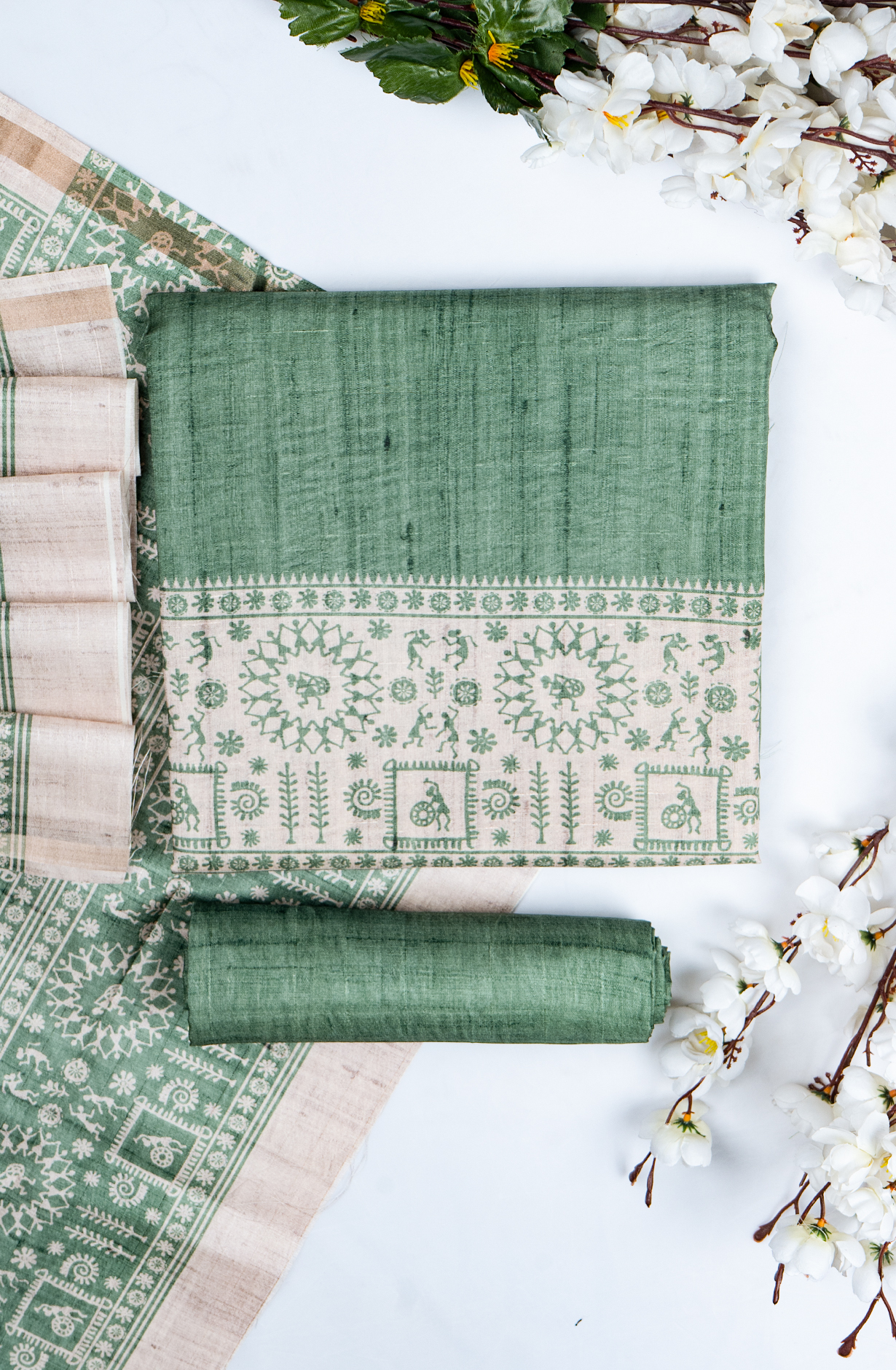 Green Printed Art Tussar Unstitch Suit Set with Dupatta - 220-9179A