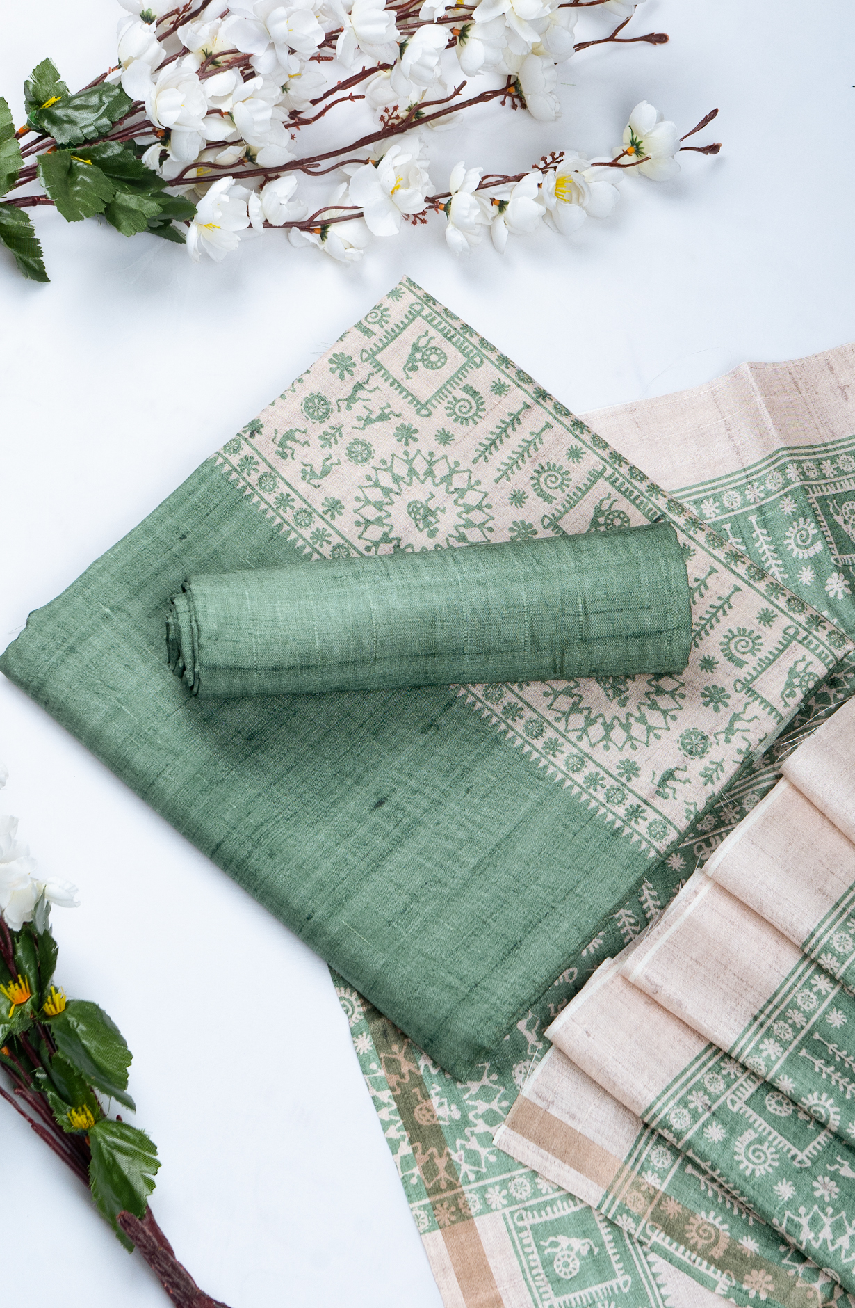 Green Printed Art Tussar Unstitch Suit Set with Dupatta - 220-9179A