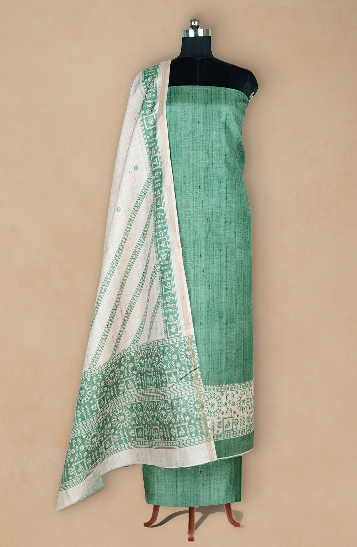 Green Printed Art Tussar Unstitch Suit Set with Dupatta - 220-9179A