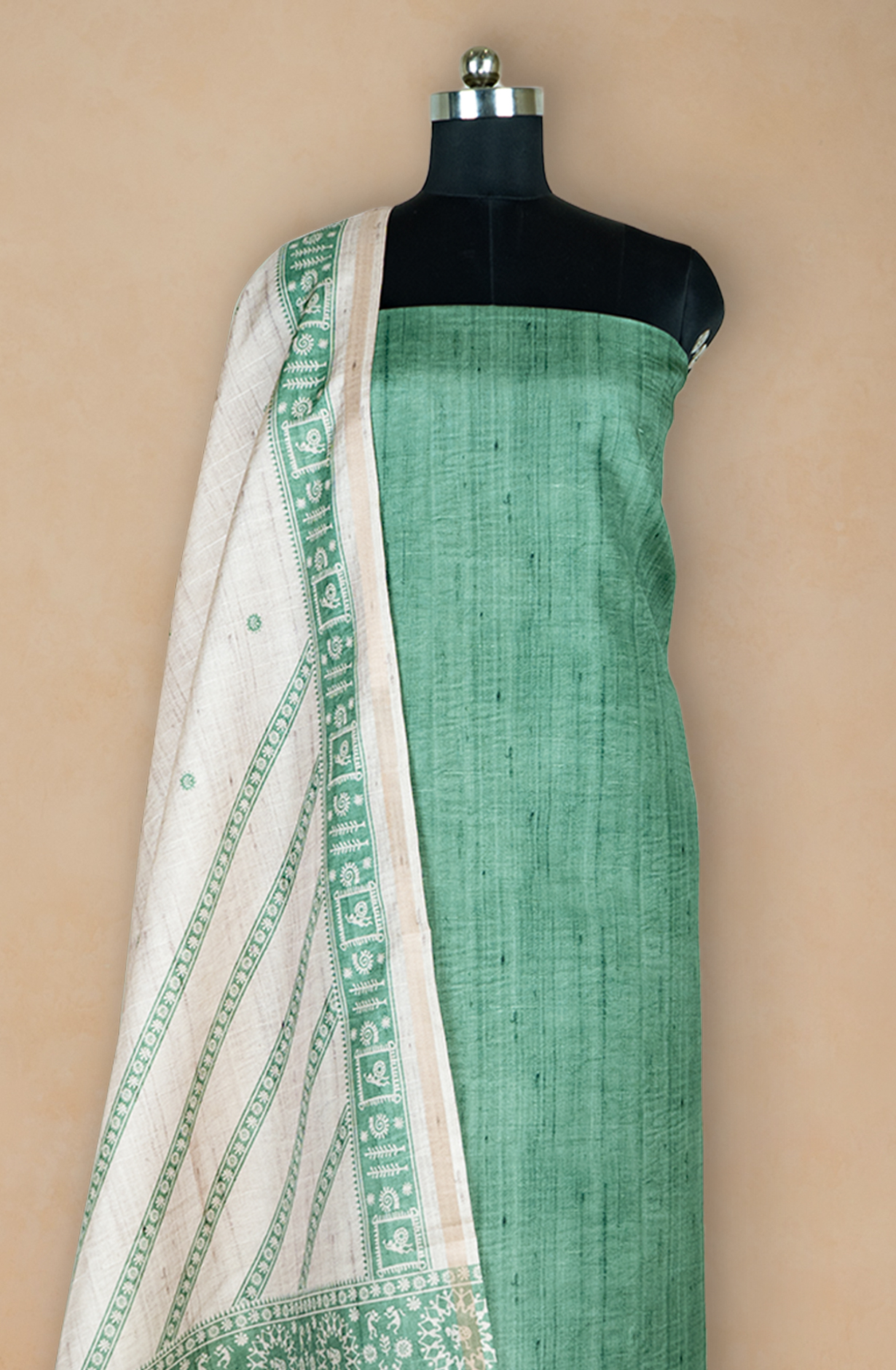 Green Printed Art Tussar Unstitch Suit Set with Dupatta - 220-9179A