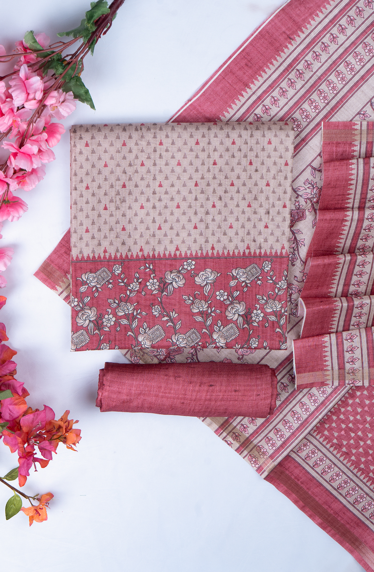 Pink Printed Art Tussar Unstitch Suit Set with Dupatta - 220-9180B