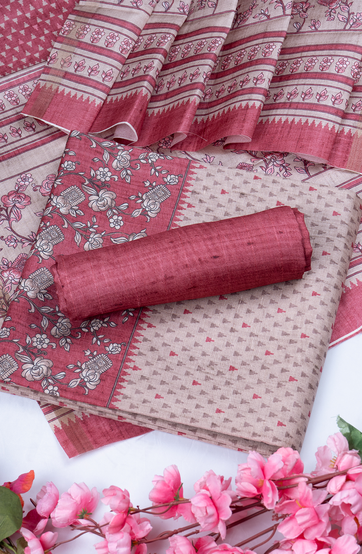 Pink Printed Art Tussar Unstitch Suit Set with Dupatta - 220-9180B