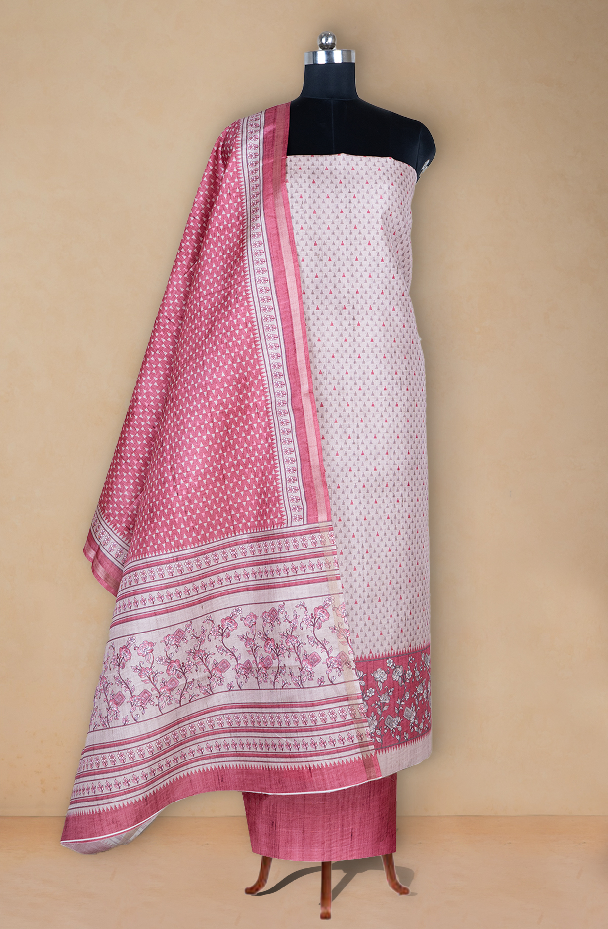 Pink Printed Art Tussar Unstitch Suit Set with Dupatta - 220-9180B