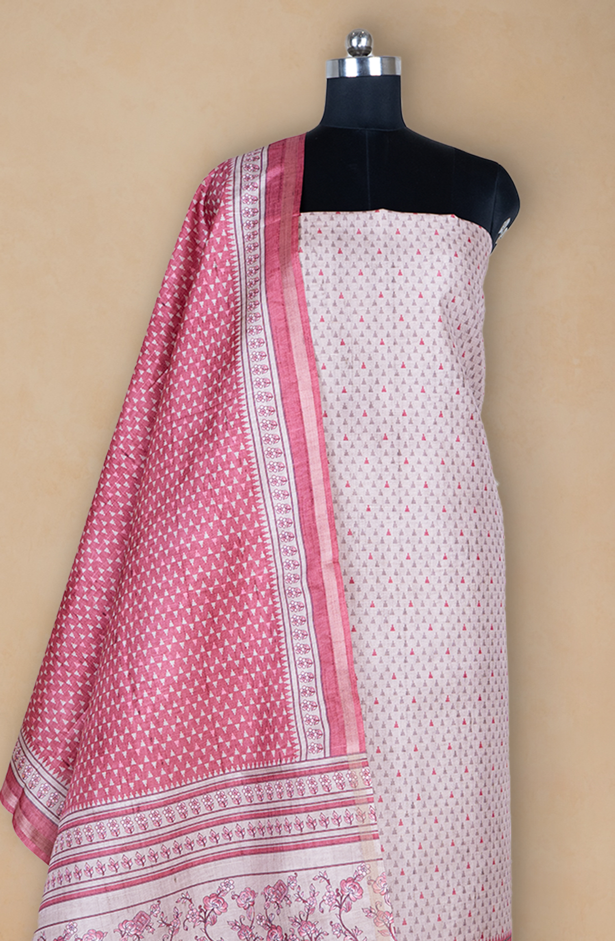 Pink Printed Art Tussar Unstitch Suit Set with Dupatta - 220-9180B