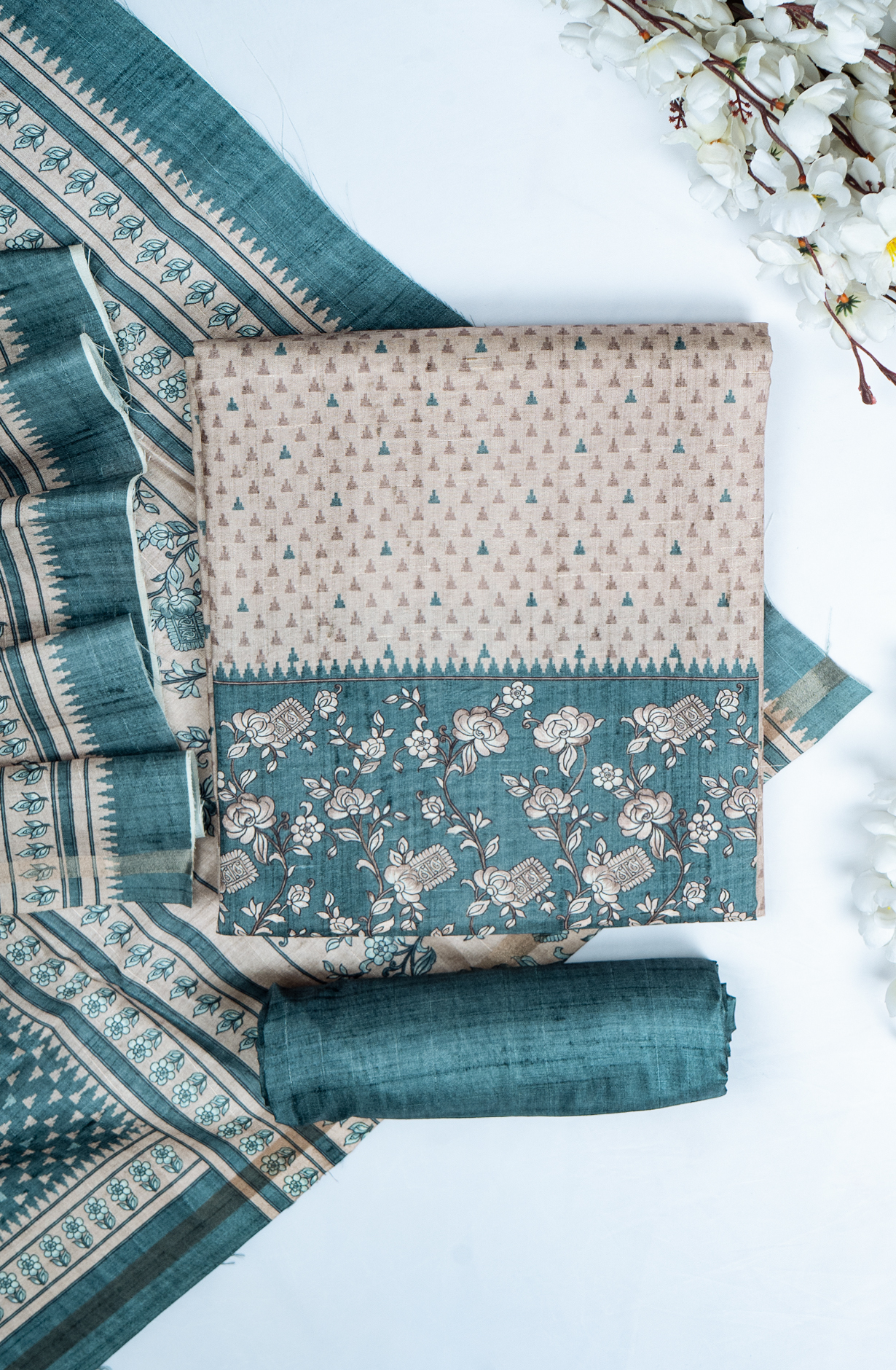 Green Printed Art Tussar Unstitch Suit Set with Dupatta - 220-9180C