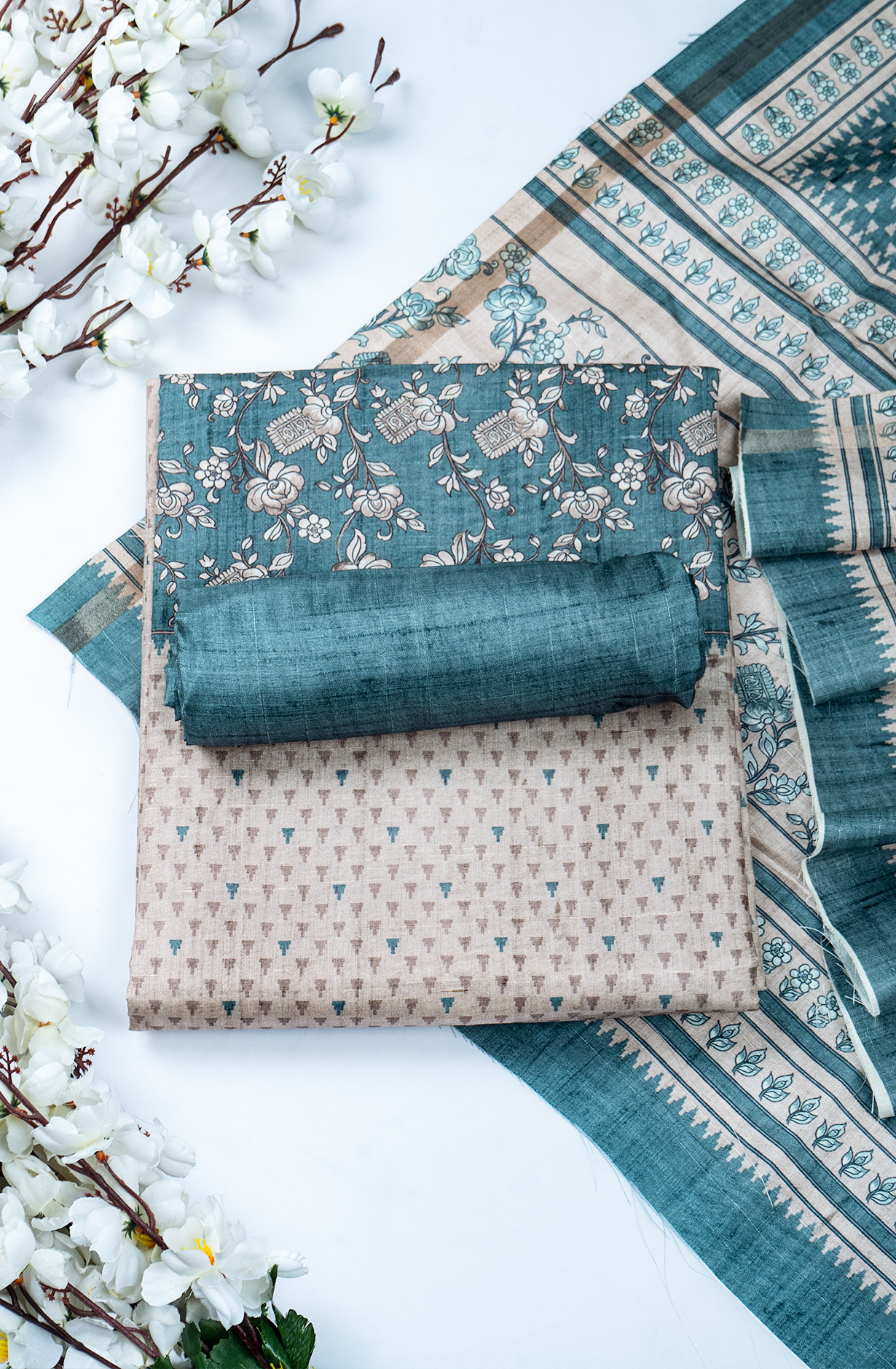 Green Printed Art Tussar Unstitch Suit Set with Dupatta - 220-9180C