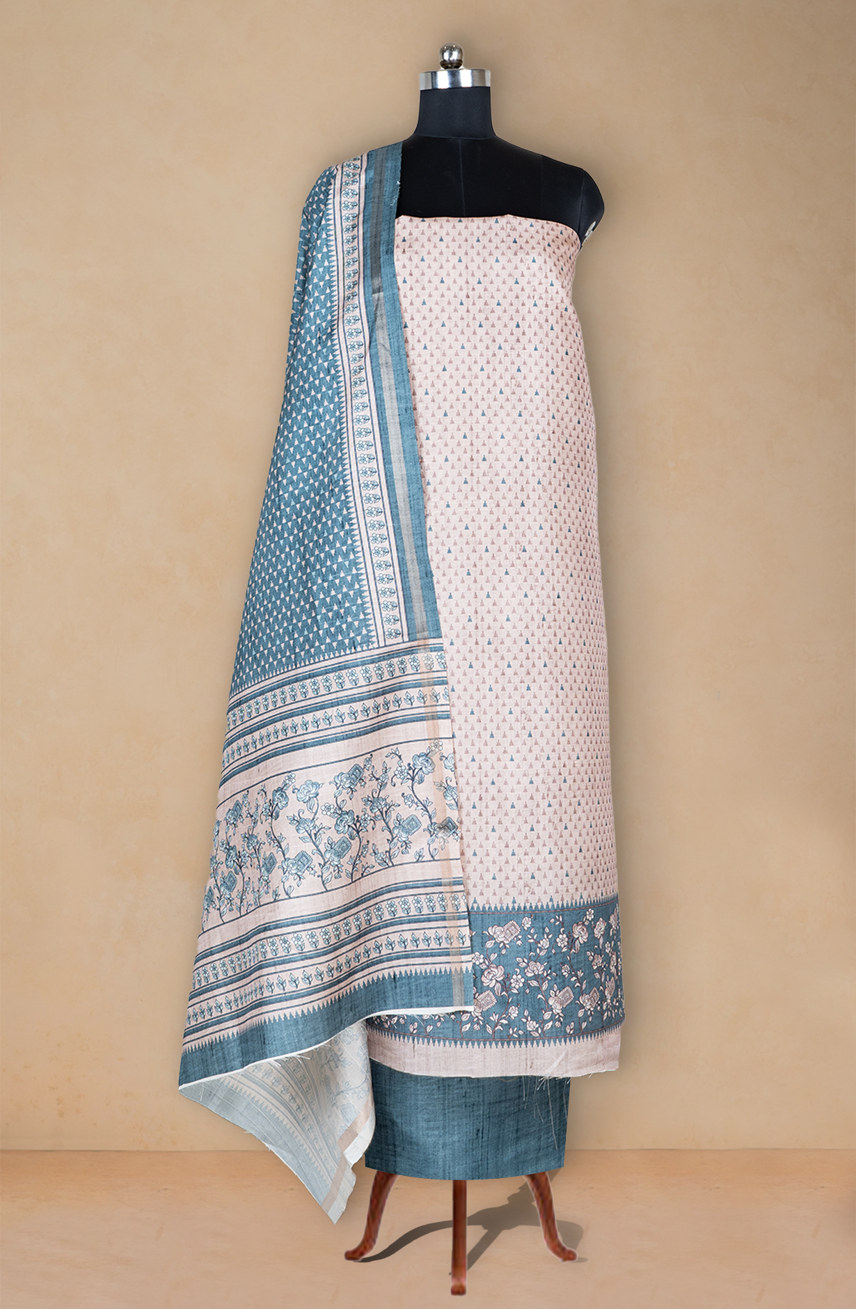 Green Printed Art Tussar Unstitch Suit Set with Dupatta - 220-9180C