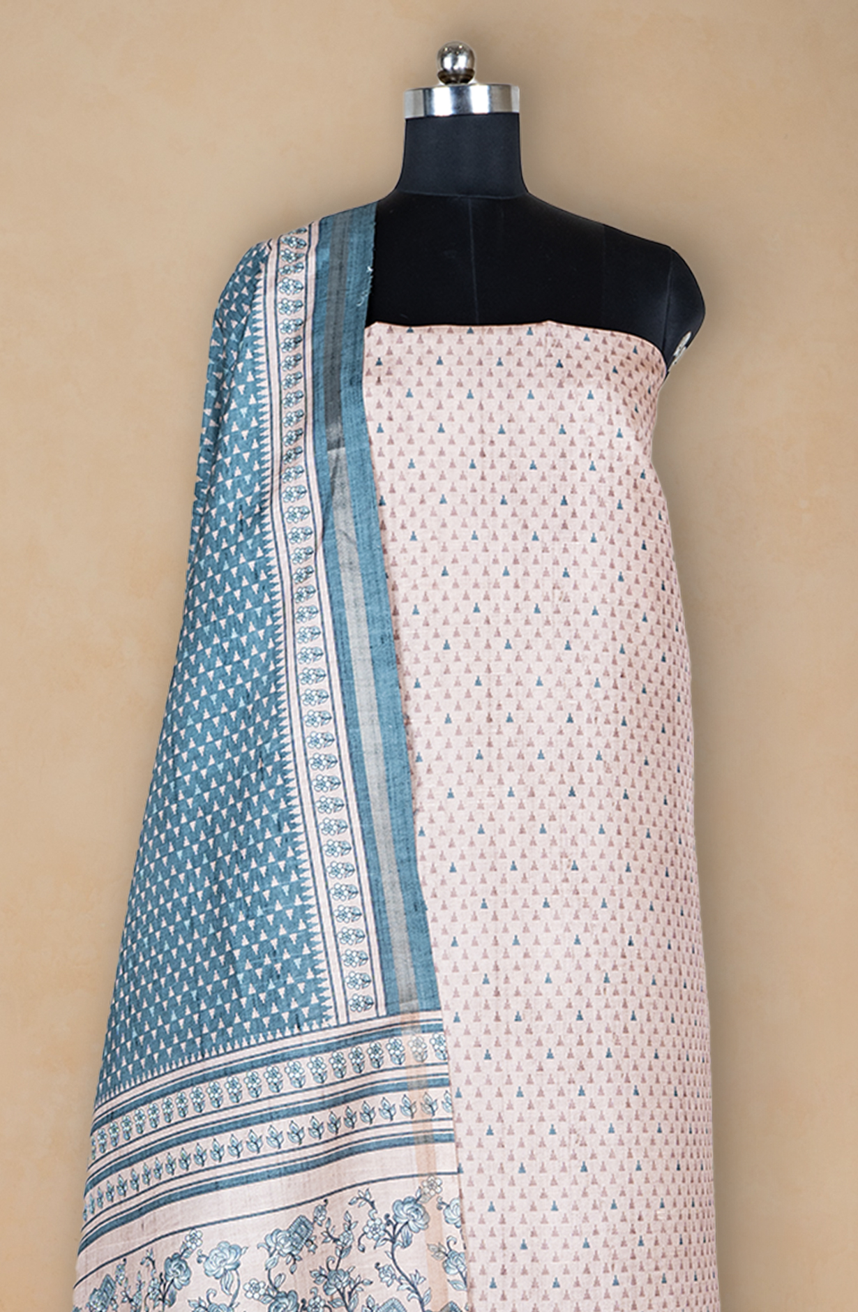 Green Printed Art Tussar Unstitch Suit Set with Dupatta - 220-9180C