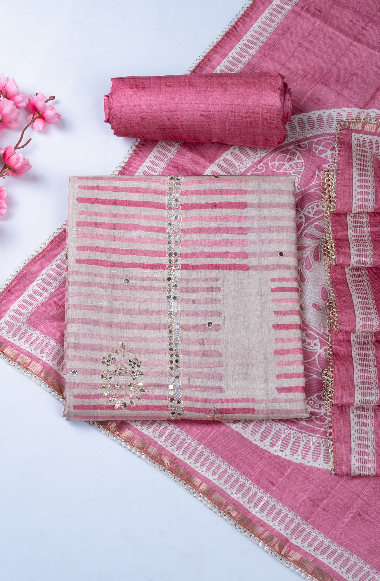 Pink Art Tussar silk beautiful Printed Suit with Dupatta - 220-9279