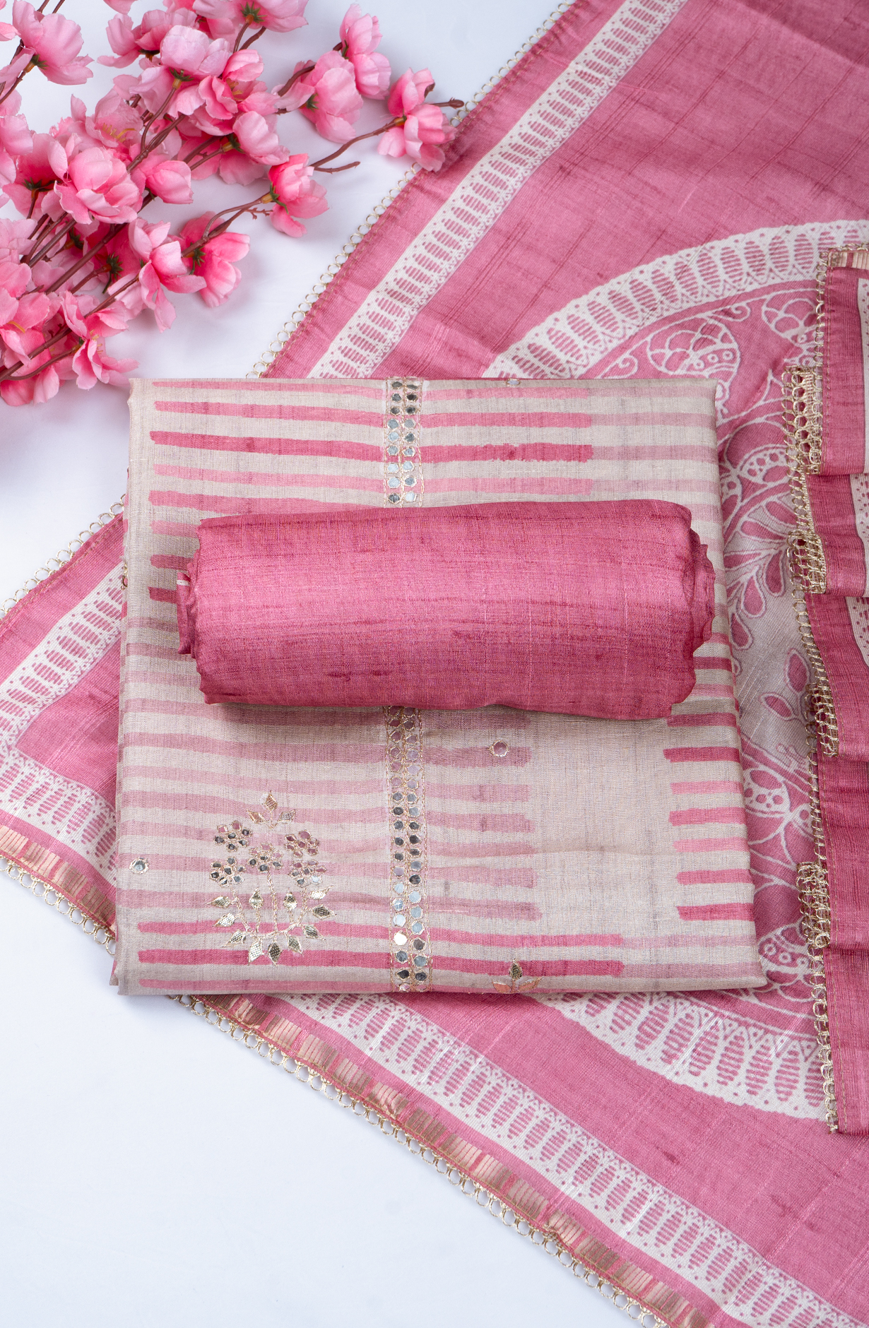 Pink Art Tussar silk beautiful Printed Suit with Dupatta - 220-9279