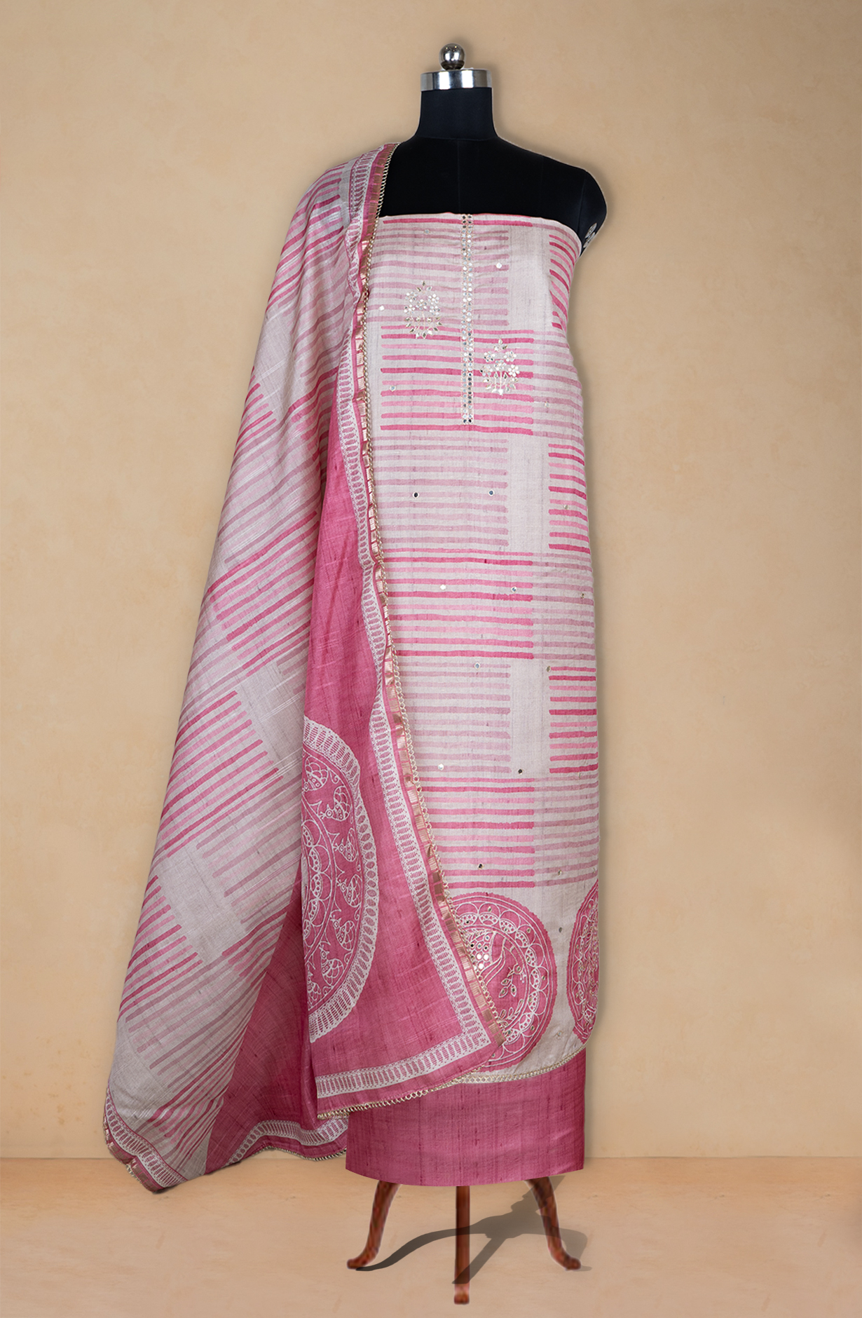 Pink Art Tussar silk beautiful Printed Suit with Dupatta - 220-9279