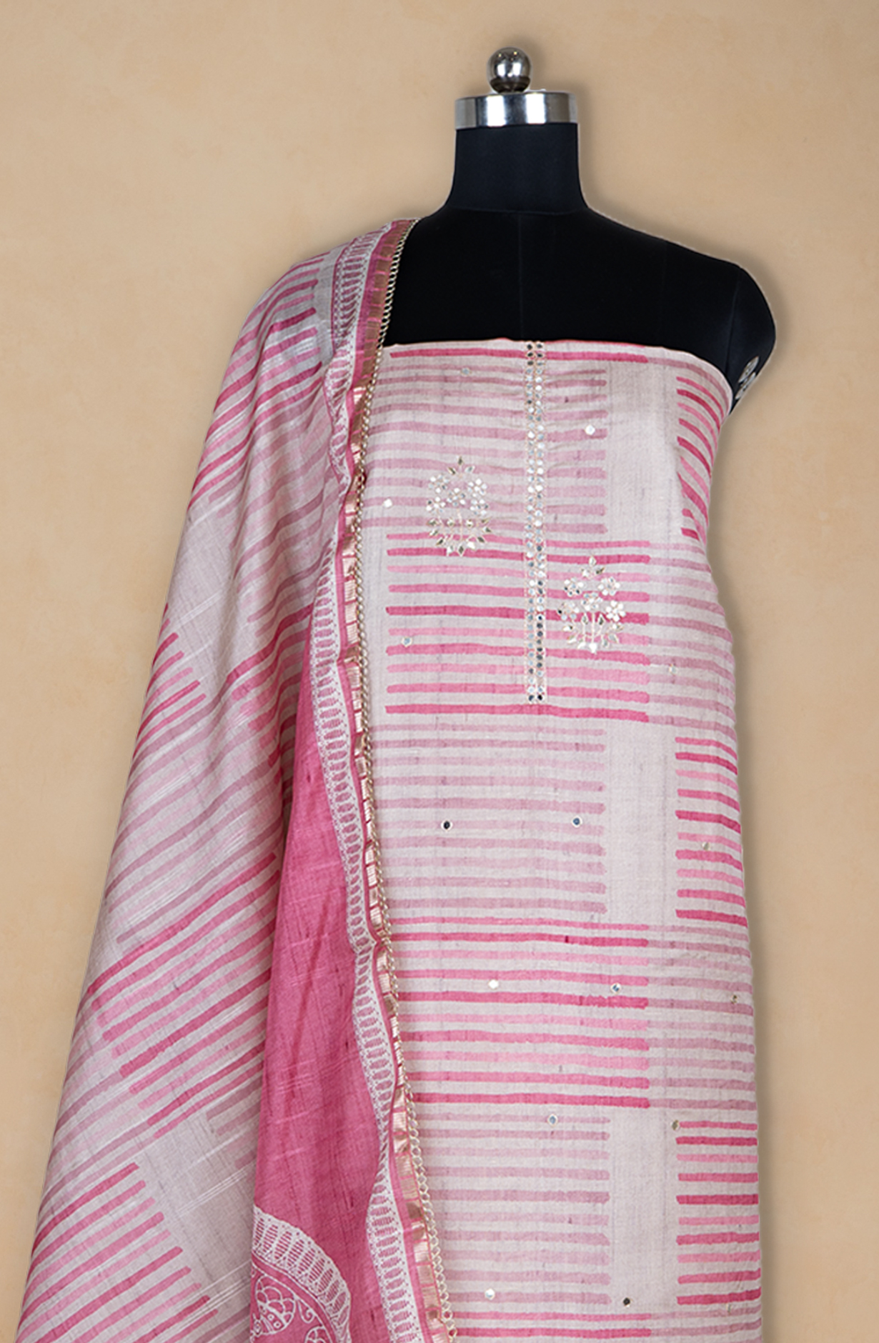 Pink Art Tussar silk beautiful Printed Suit with Dupatta - 220-9279