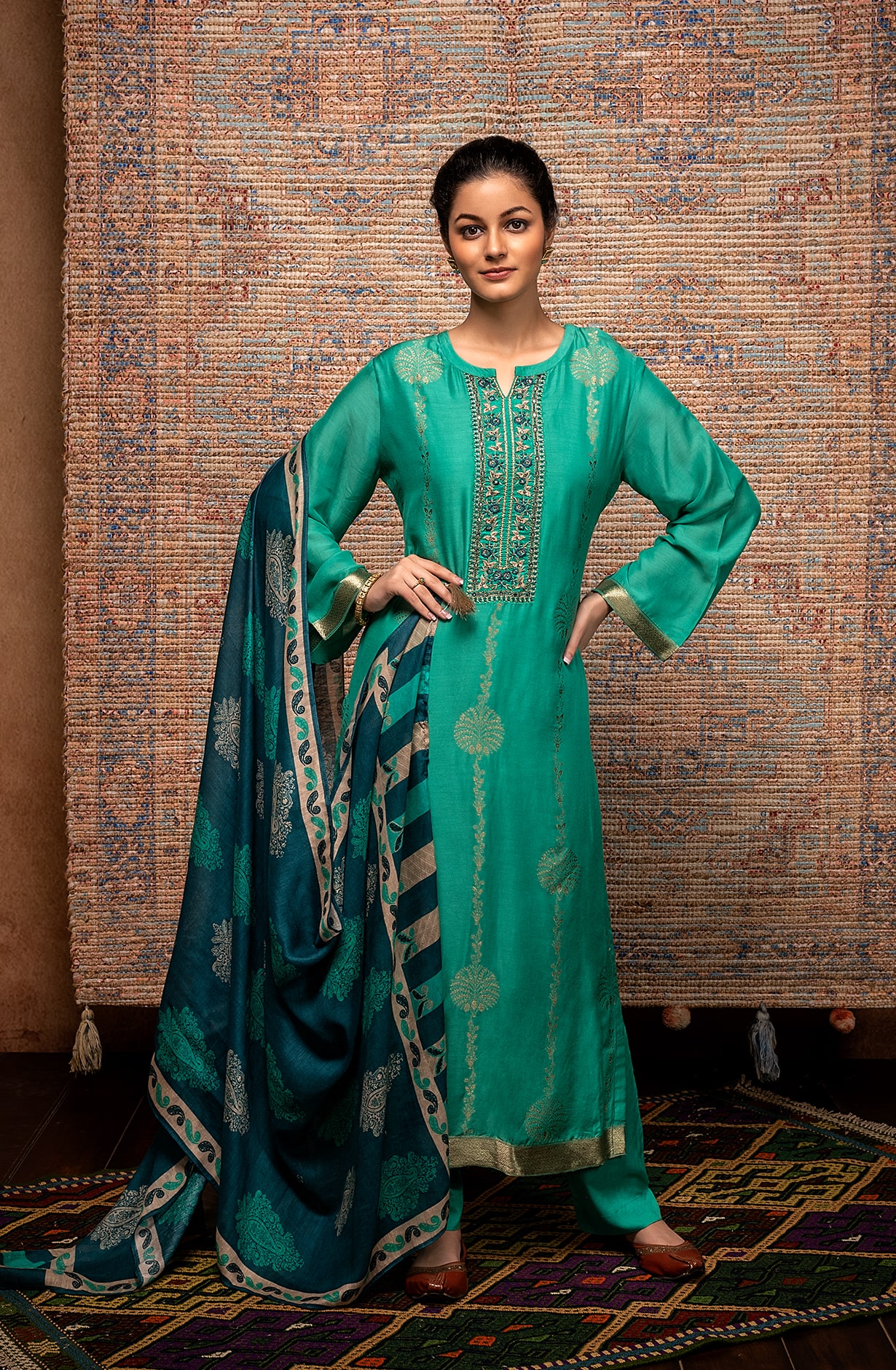 Firozi Chanderi Silk Banarasi Zari Weaving Salwar Kameez - AAY9181