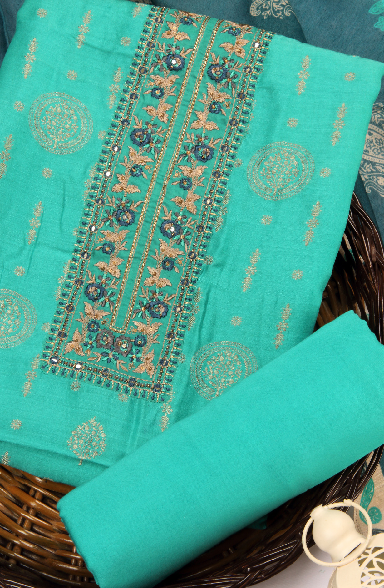 Firozi Chanderi Silk Banarasi Zari Weaving Salwar Kameez - AAY9181