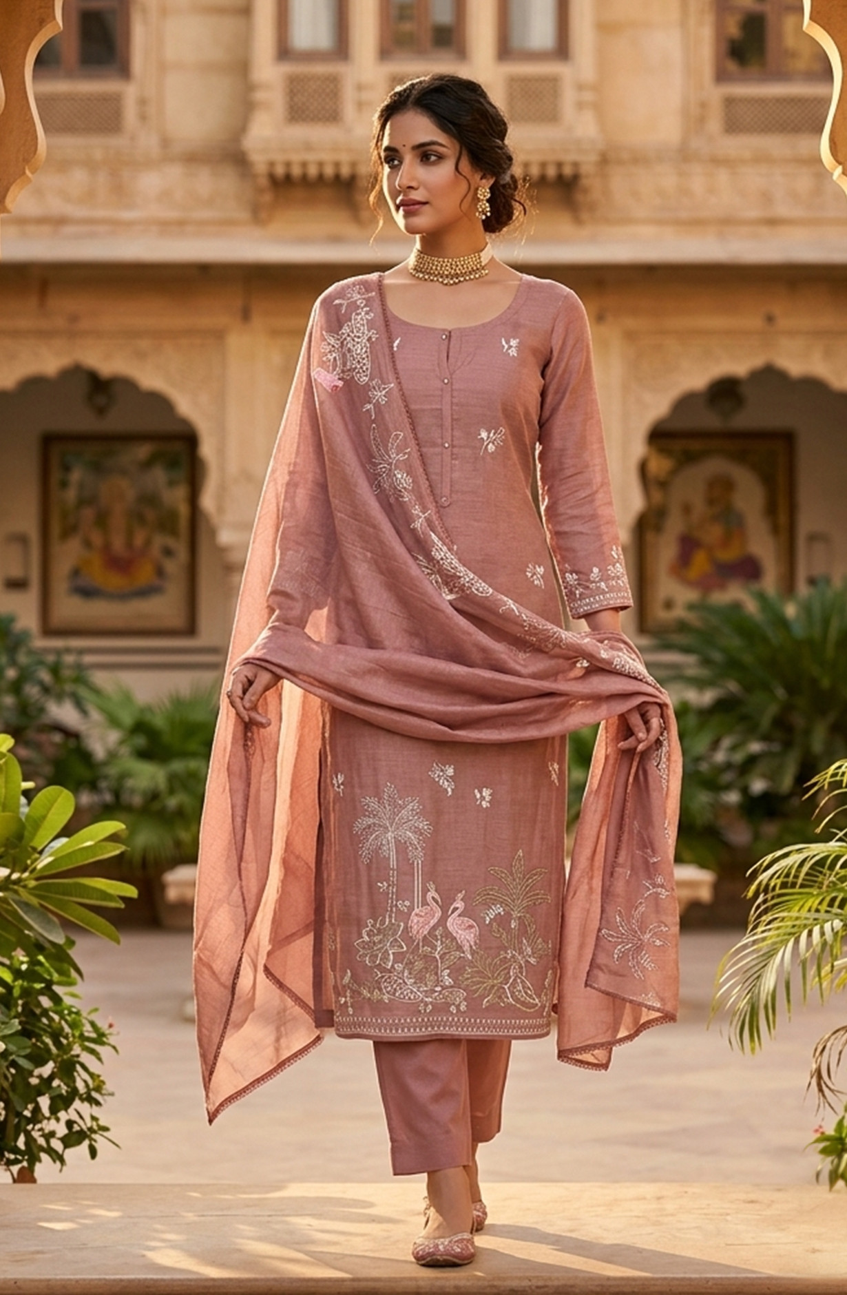 Brown Mul Chanderi Unstitched Suit Set with Beautiful Dupatta - 752-9189