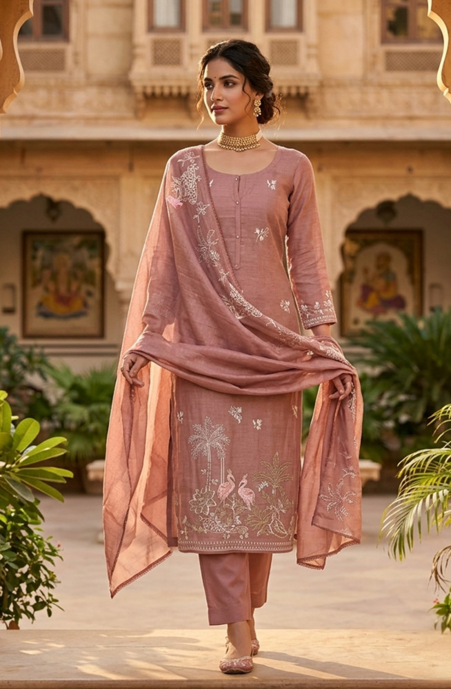 Image of Brown Mul Chanderi Unstitched Suit Set with Beautiful Dupatta - 752-9189