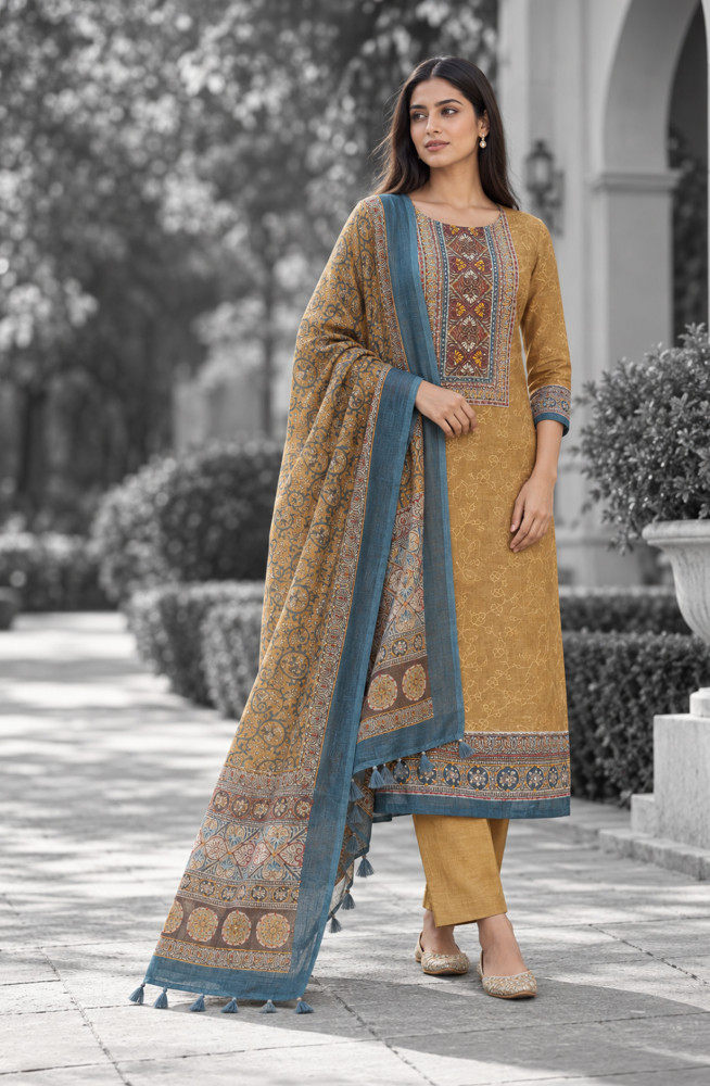 Image of Mustard Chanderi Unstitched Suit Set with Dupatta - 767-HF574