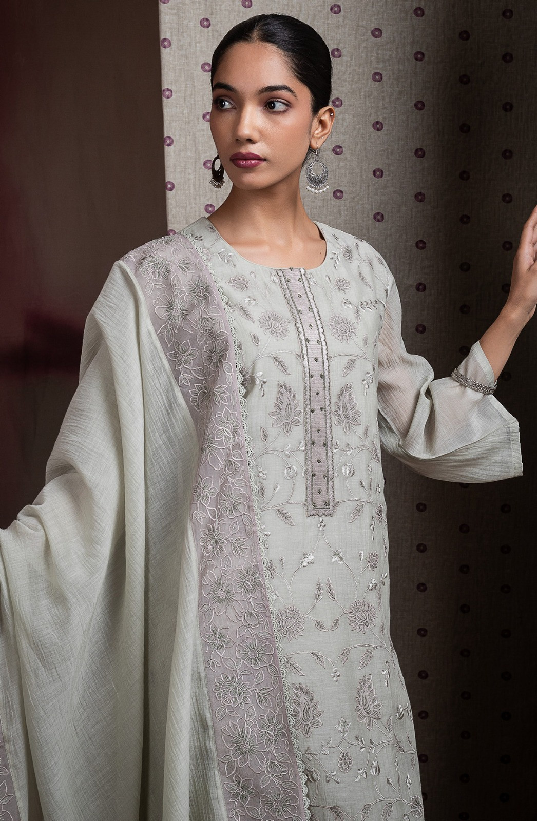 Grey Pure Mul Chanderi Suit Set with Dupatta -R157-SPR2595A