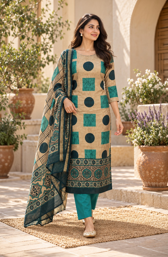 Image of Teal Maheshwari Unstitched Suit-Set with Beautiful Dupatta - 1020-6868A