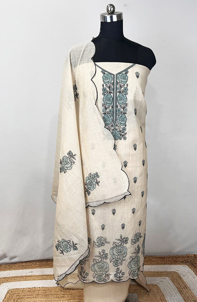 Image of Green Linen Unstitched Beautiful Suit Set with Dupatta - 131-EE5489